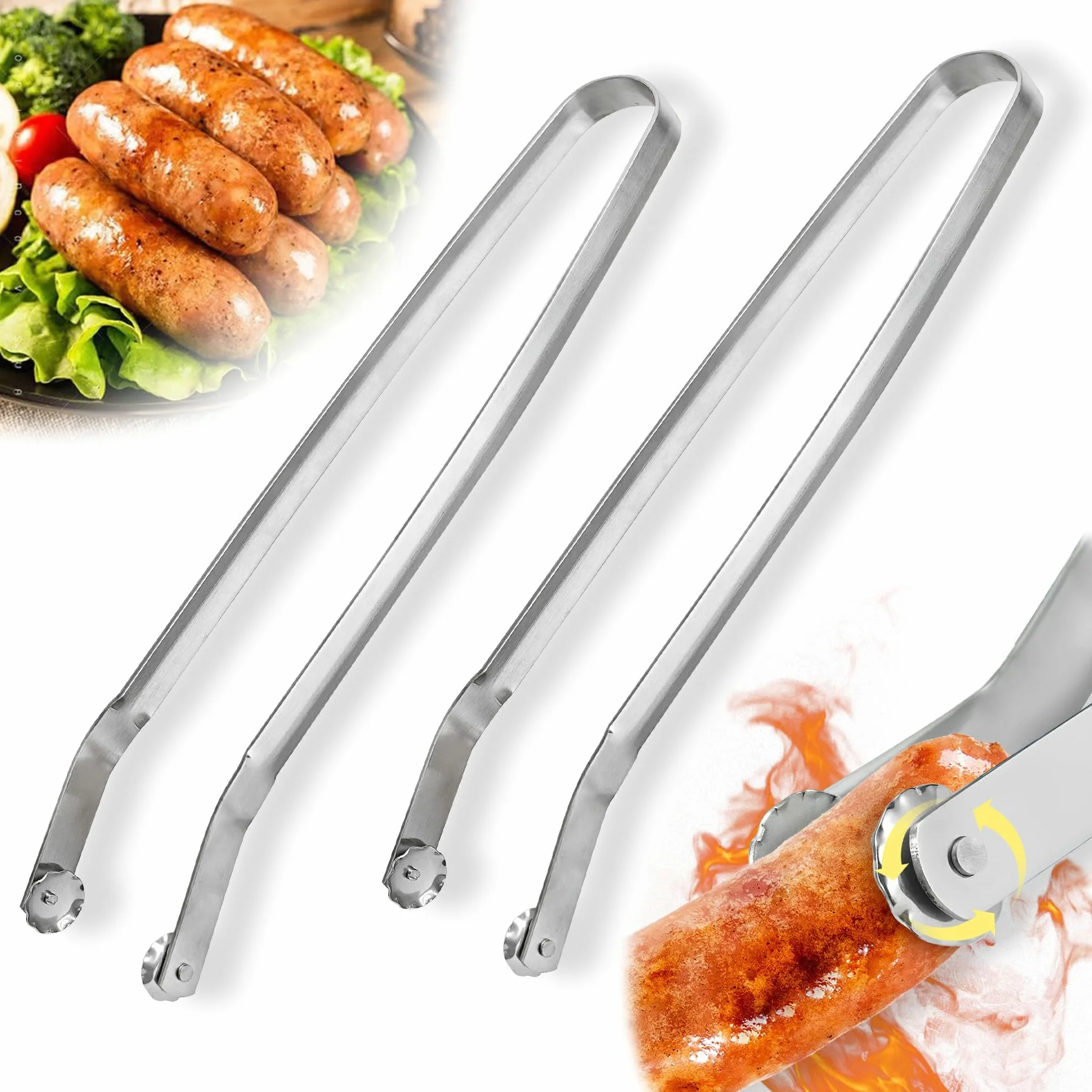 Hysenm Lot de 2 pinces à saucisses BBQ en acier inoxydable à long manche pour griller et retourner