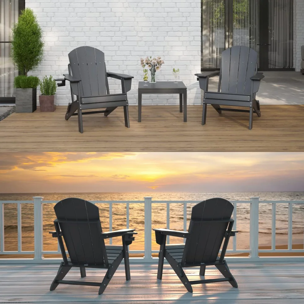 Fauteuil Adirondack pliant Sleek Space pour jardin, patio ou terrasse - Accoudoirs et porte-gobelet - Légère, résistante - Meubles d'extérieur élégants et durables pour terrasse, plage, piscine (Noir)