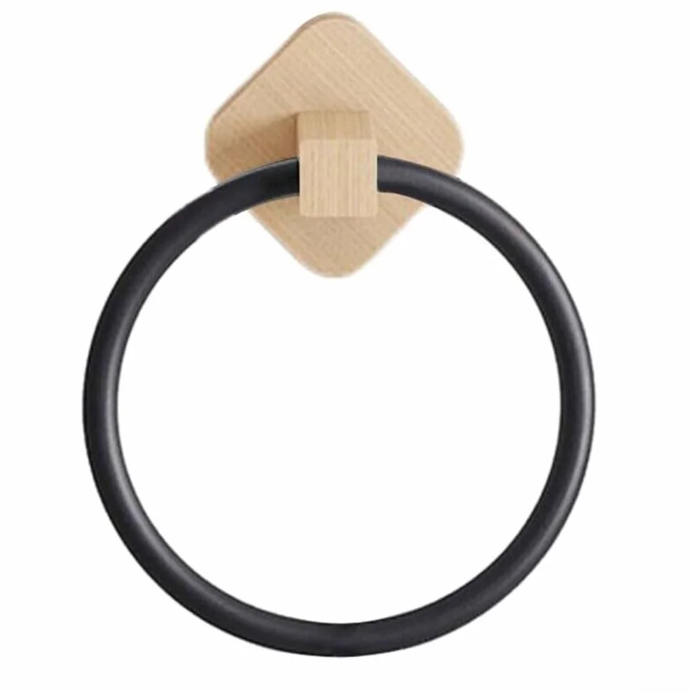 Porte-serviettes mural moderne en bois massif, design sans perçage avec barre en aluminium noir mat, organisateur d'anneau de serviette de salle de bain peu encombrant (noir hêtre)