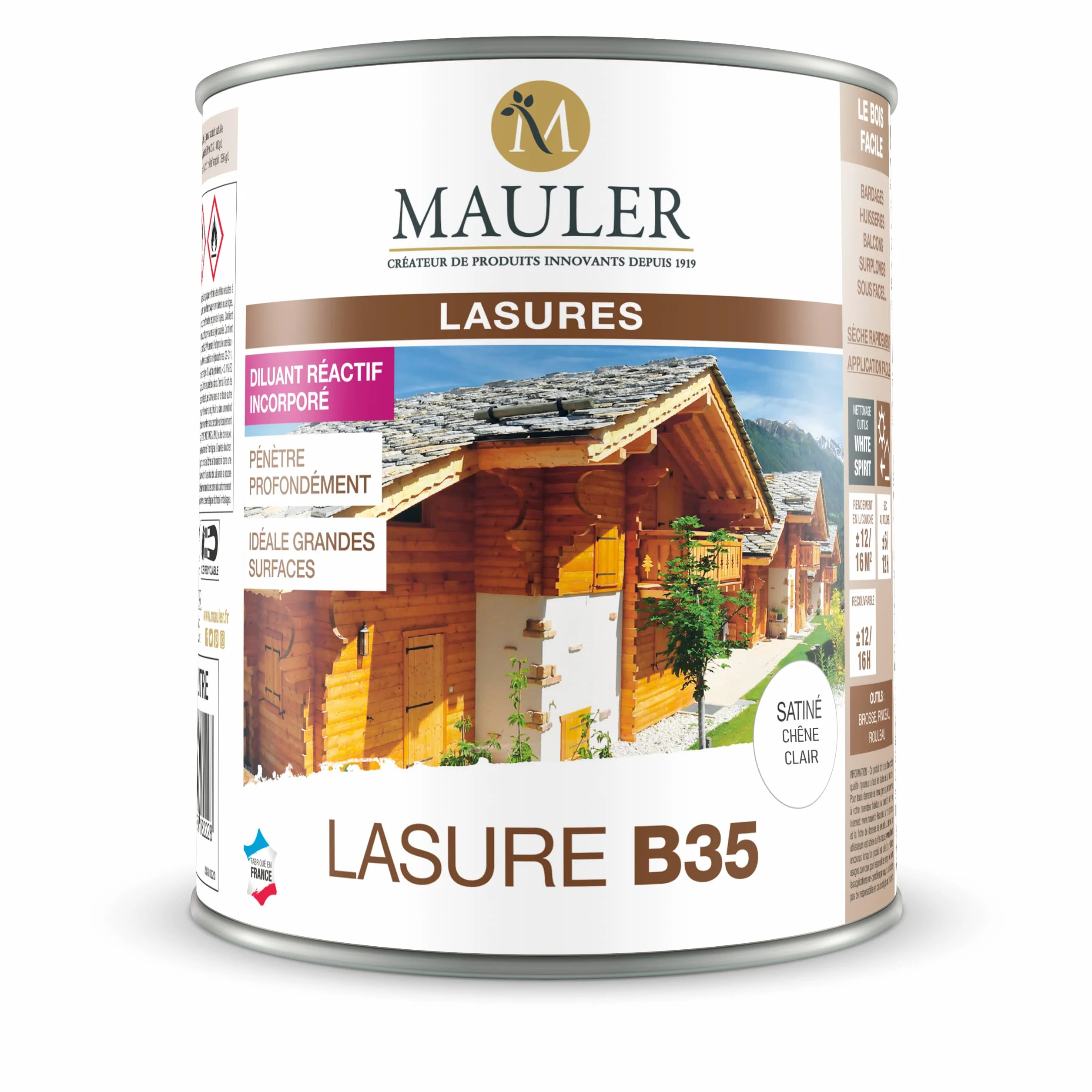Lasure professionnelle pour bois extérieur 1L Satiné Chêne Clair Protection UV Mauler B35