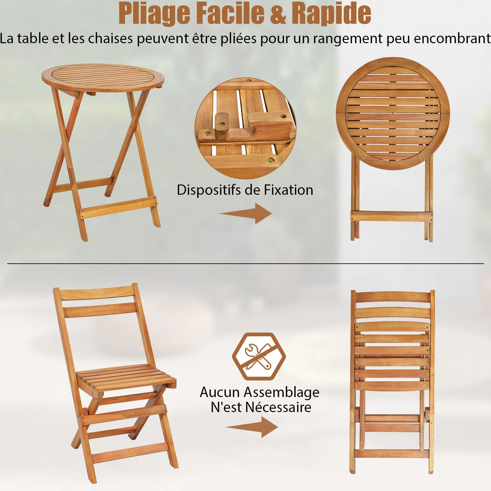 Giantex Table de Jardin Exterieur avec Chaise, 1 Table Ronde et 2 Chaises Bois d'Acacia avec Dossiers, Ensemble Meuble Extérieur, Salon de Jardin 2 Personnes, Table et Chasie Pliantes pour Balcon