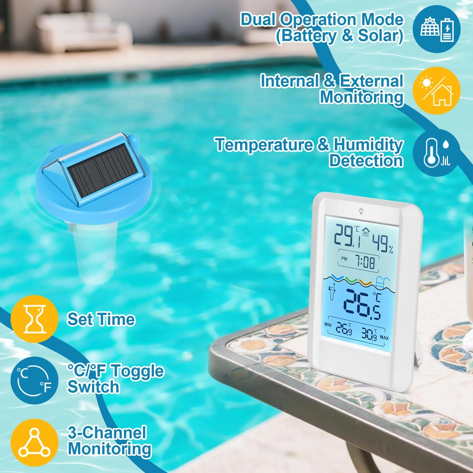 Thermomètre Piscine Solaire PATEMZON, Sans Fil Flottant avec Récepteur Radio LCD