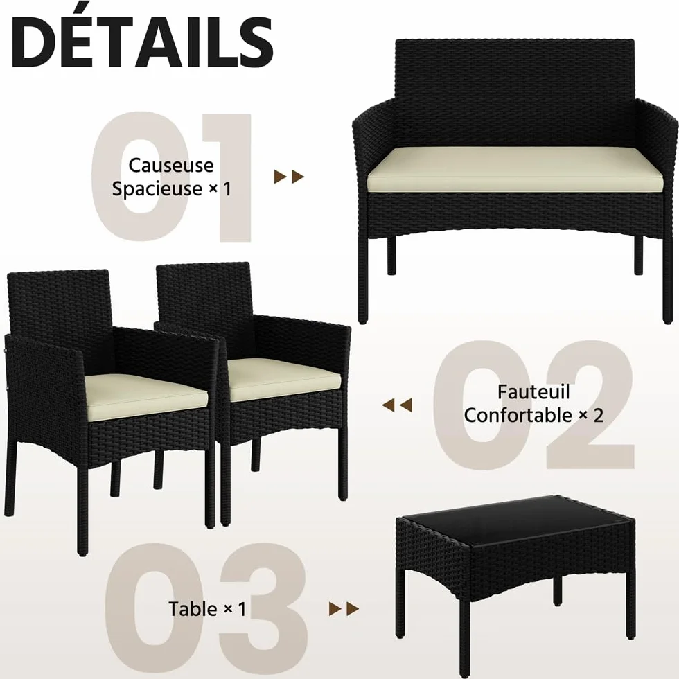Yaheetech Salon de Jardin 4 Personnes Polyrotin Métal Mobilier d'extérieur 4 Pièces avec Coussin Canapé 2 Places 2 Fauteuils 1 Table Basse Noir/Beige