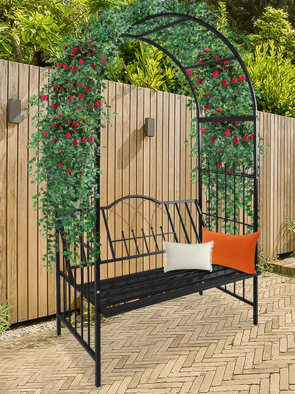 Kalolary Tonnelle Jardin Robuste en Métal avec Banc, Siège pour Plante Grimpante et Support d'Escalade pour Vignes et Fleur, Pavillon Arc de Jardin pour Extérieur