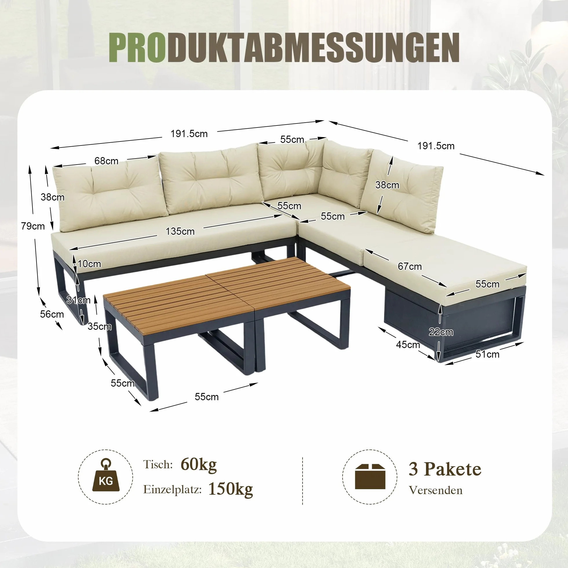Sapgaks Salon de Jardin pour 6 Personnes,Ensemble de canapés de extérieur avec Dossier réglable sur 3 Niveaux,Canapé d'angle de Jardin avec Table,Espace de Rangement et Fonction d'inclinaison,Beige