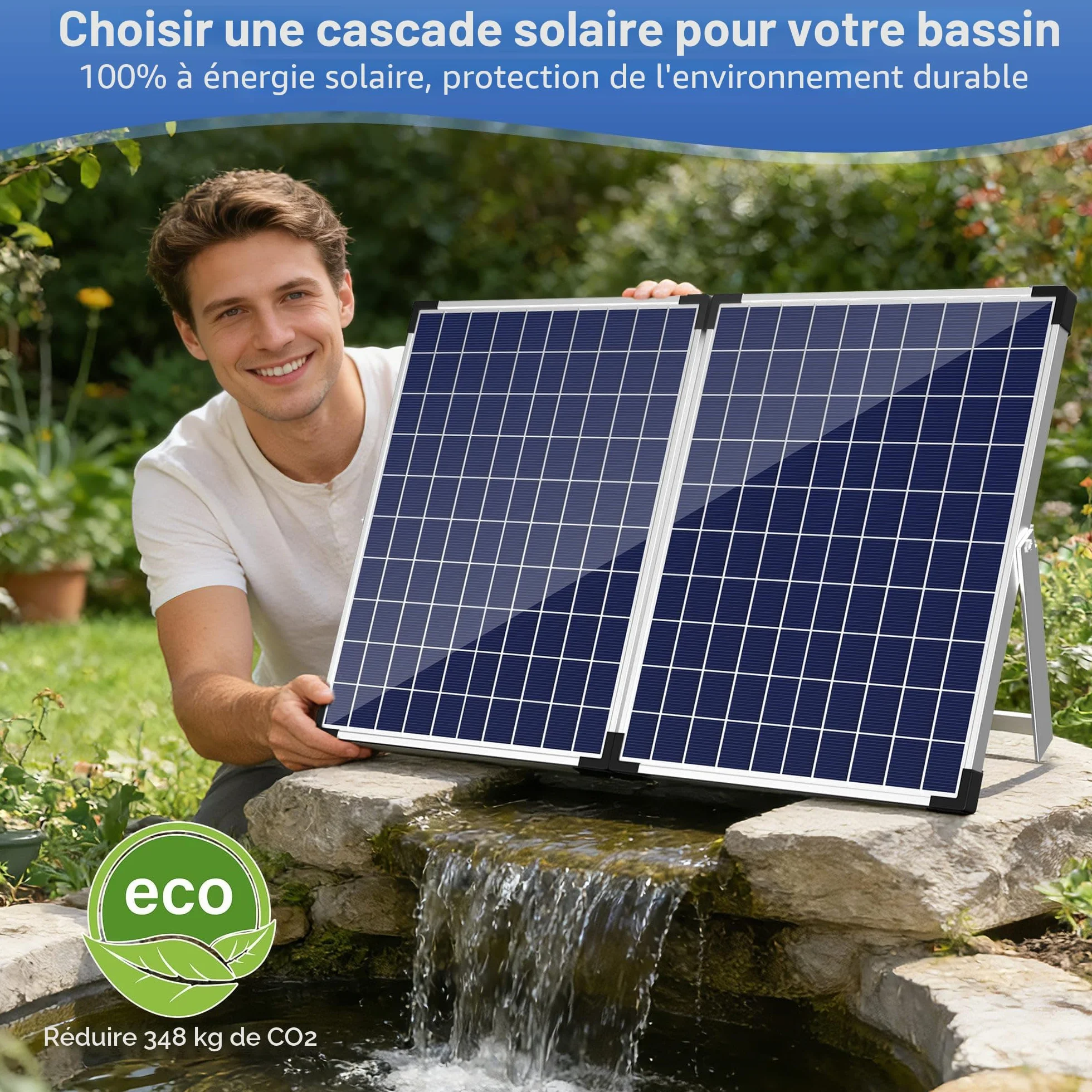 Ensemble complet de cascade solaire en acier inoxydable 50W pompe 40W 2100L/H 20 cm pour bassin de jardin