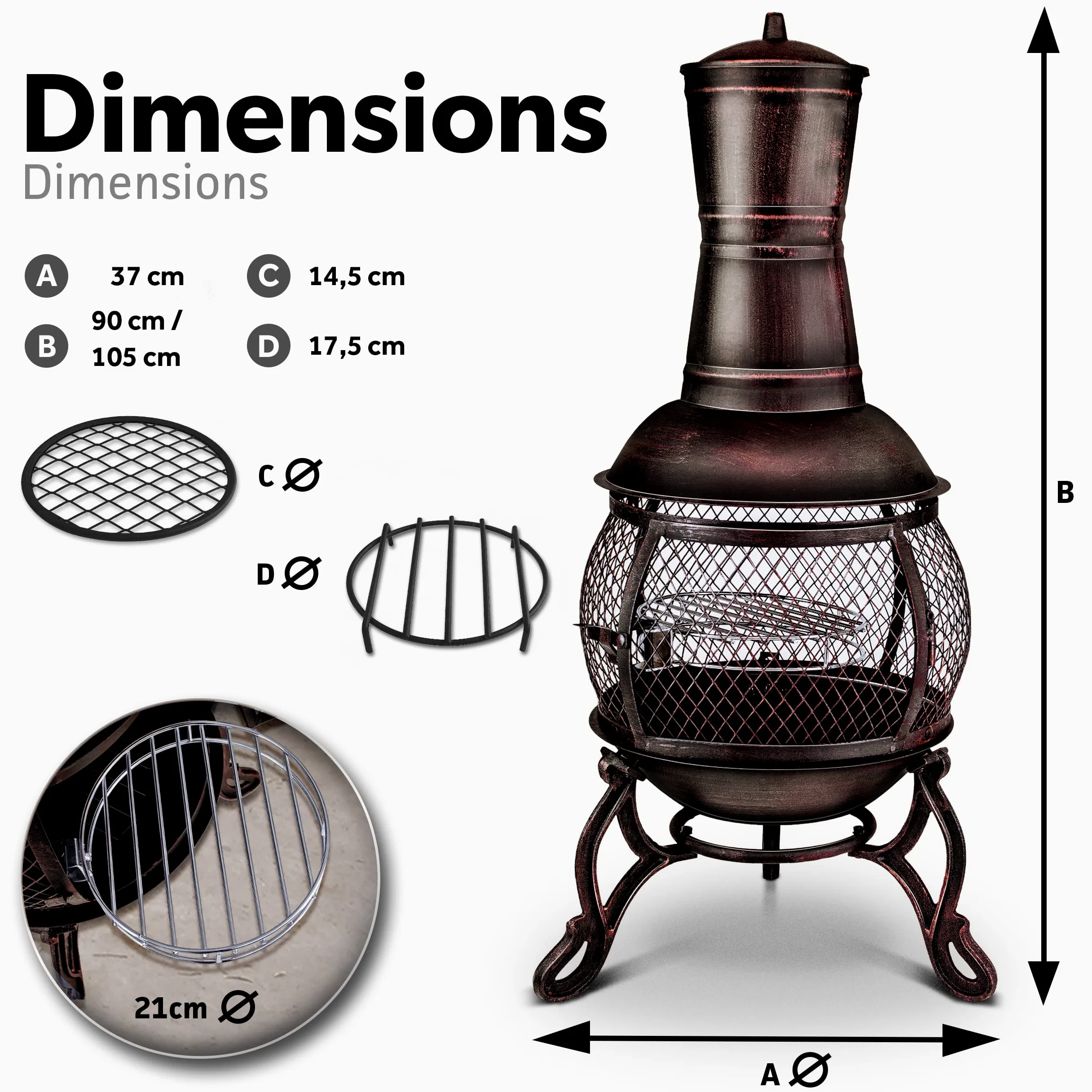 tillvex Cheminée de terrasse extérieure avec Grill | Brasero Mexicain avec Pare-étincelles | Chauffage de Jardin avec Housse | Poêle à Bois | Tisonnier + Grille, BBQ + Accessoires XXL