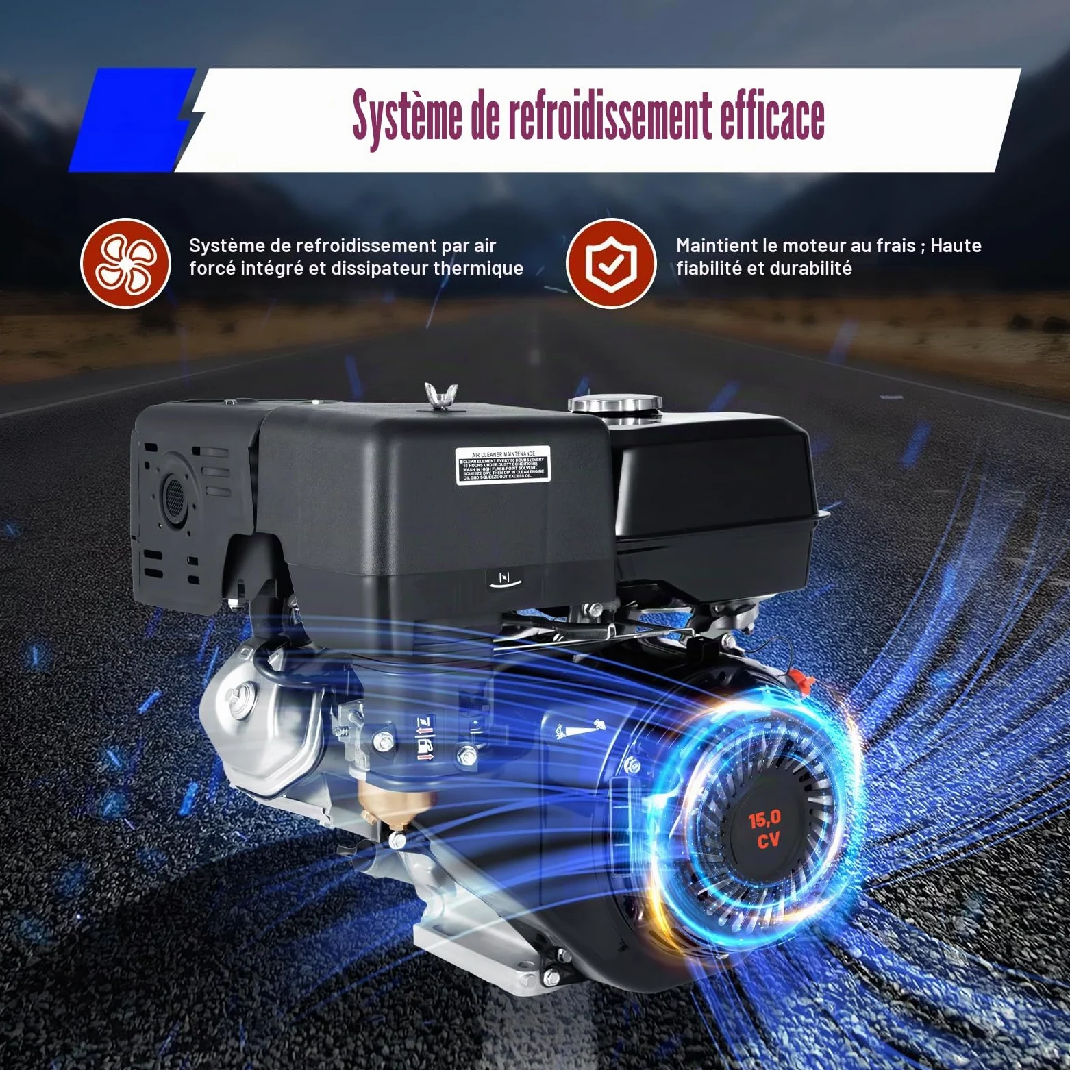 Moteur à essence 15 CV 4 temps monocylindre, Moteur fixe monocylindre pour Go-Karts, 9,7 kW 420 CC 3600 tr/min, Moteur d'entraînement portable avec fonction de protection contre le manque d'huile pour