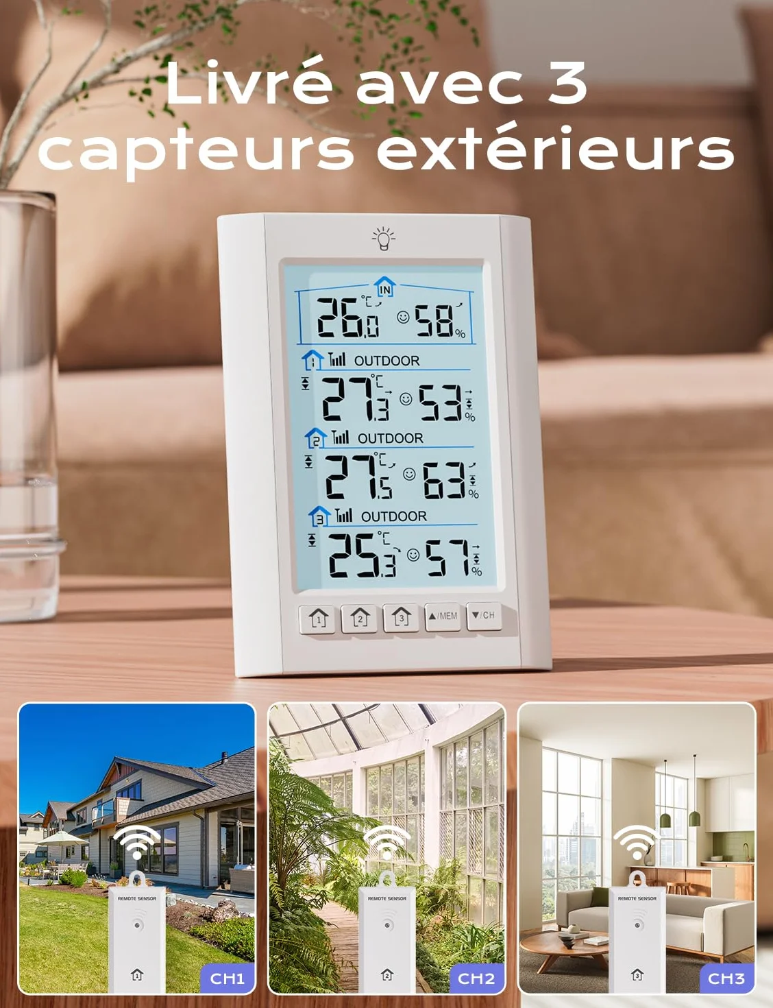 Station Meteo Interieur Exterieur Sans Fil LIORQUE Thermometre Hygrometre avec 3 capteurs LCD Portee Transmission 100m