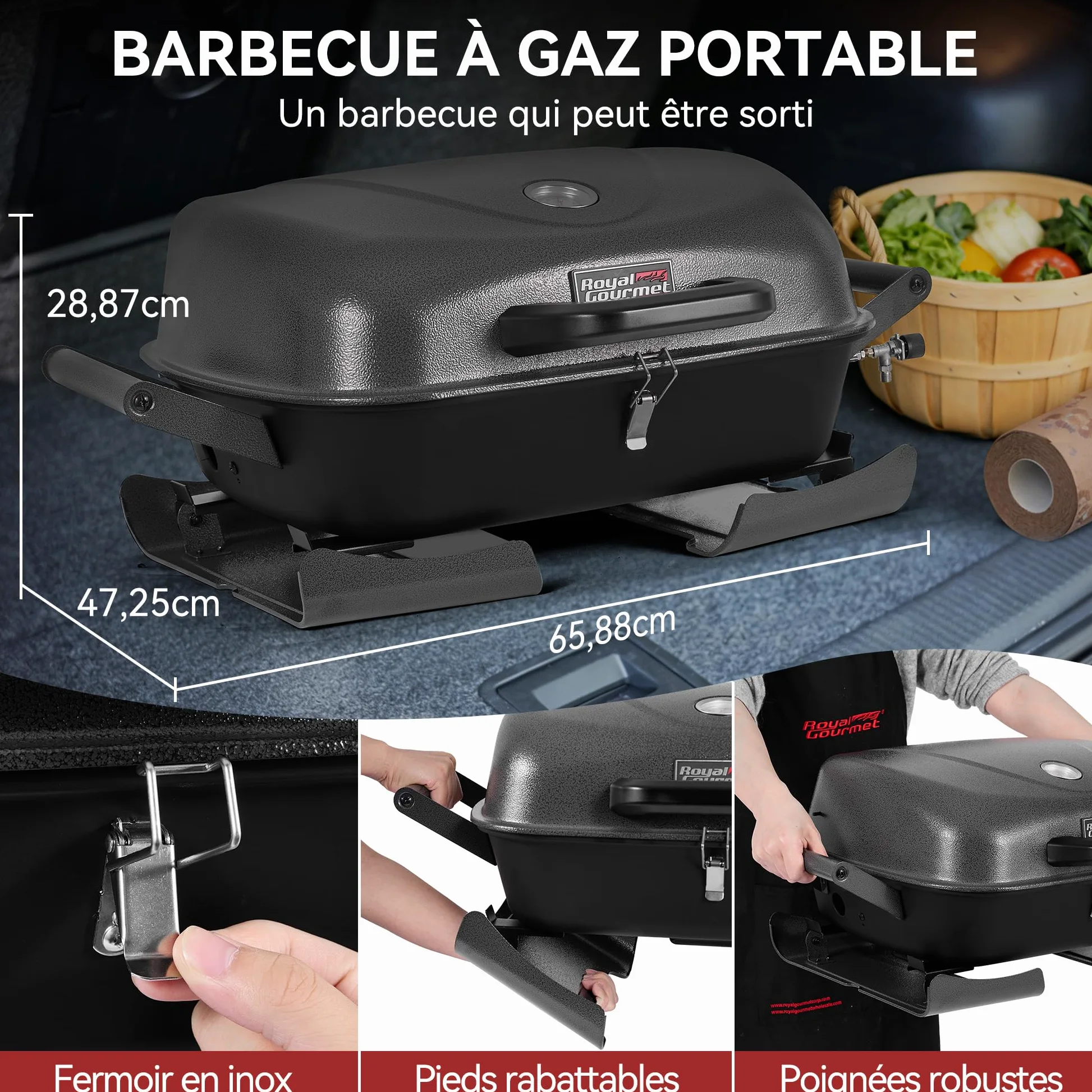 Royal Gourmert Barbecue à gaz Portable de 3,5 KW, Barbecue de Table à gaz avec poignées et Pieds rabattables, Barbecue de Camping pour Le Jardin ou la Terrasse