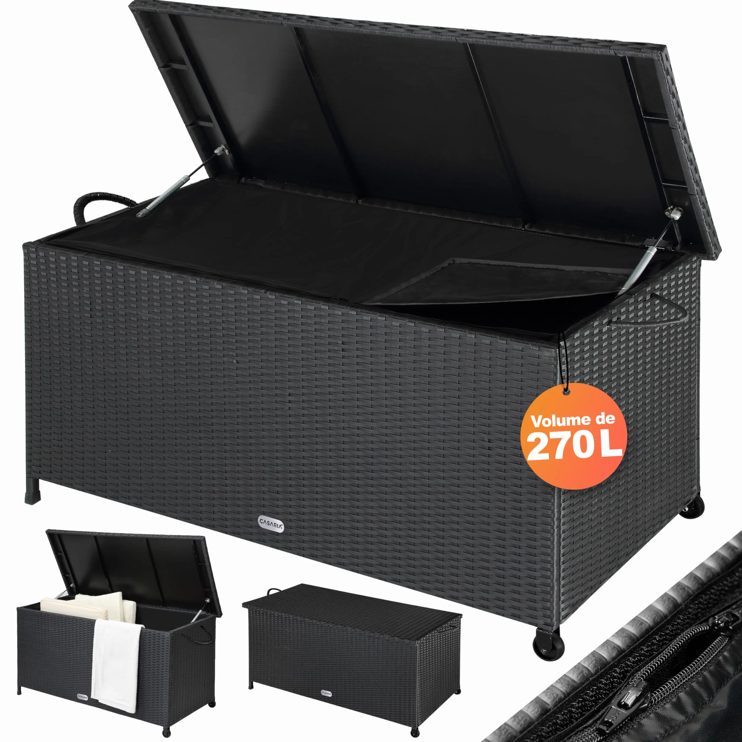 Casaria Coffre de jardin XXL Noir 270 L Polyrotin étanche Vérin à gaz 117x53x60 cm