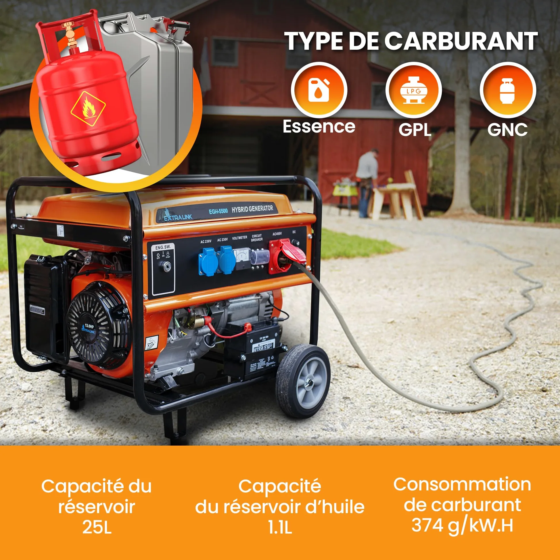 Extralink Groupe électrogène 5500W Essence/GPL | Moteur 188F-M, onde sinusoïdale pure, 2×230V & 1×400V, démarrage électrique | mobile et silencieux pour maison et chantier