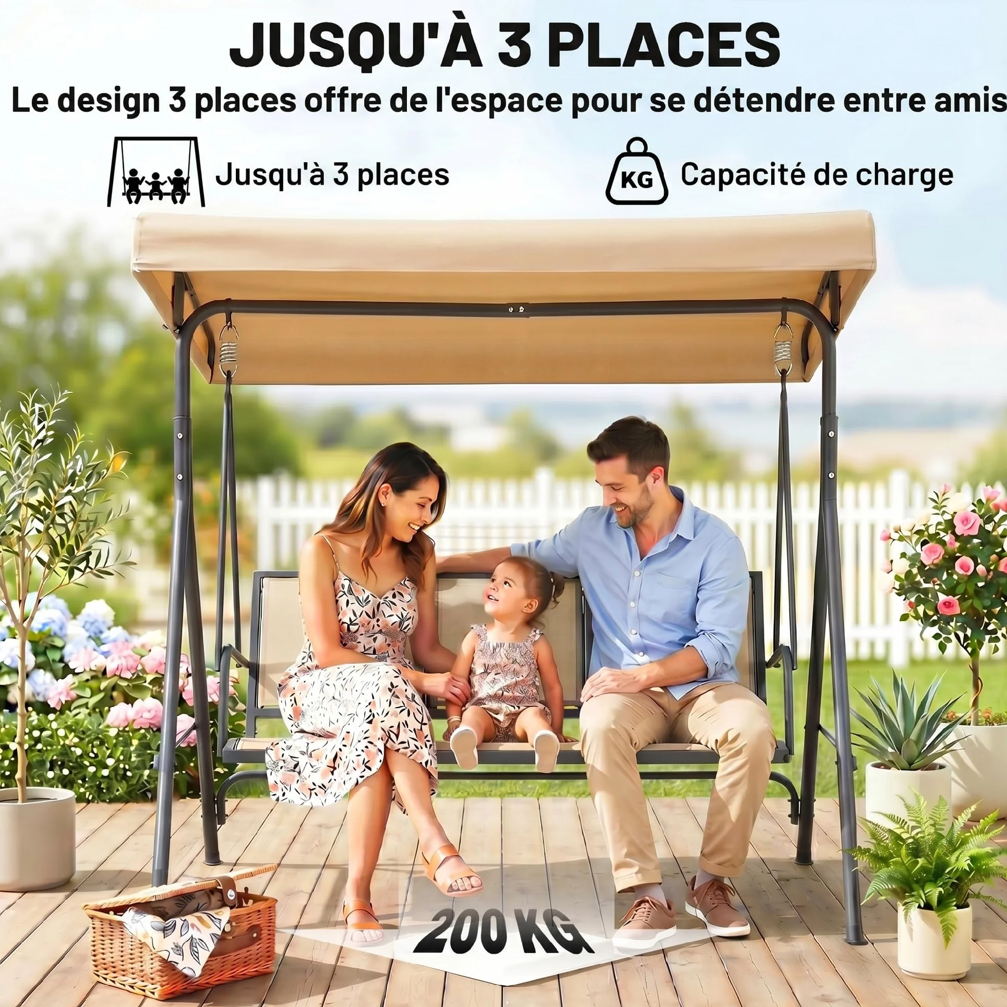 Outsunny Balancelle de Jardin 3 Places Toit Inclinaison réglable Acier époxy Beige