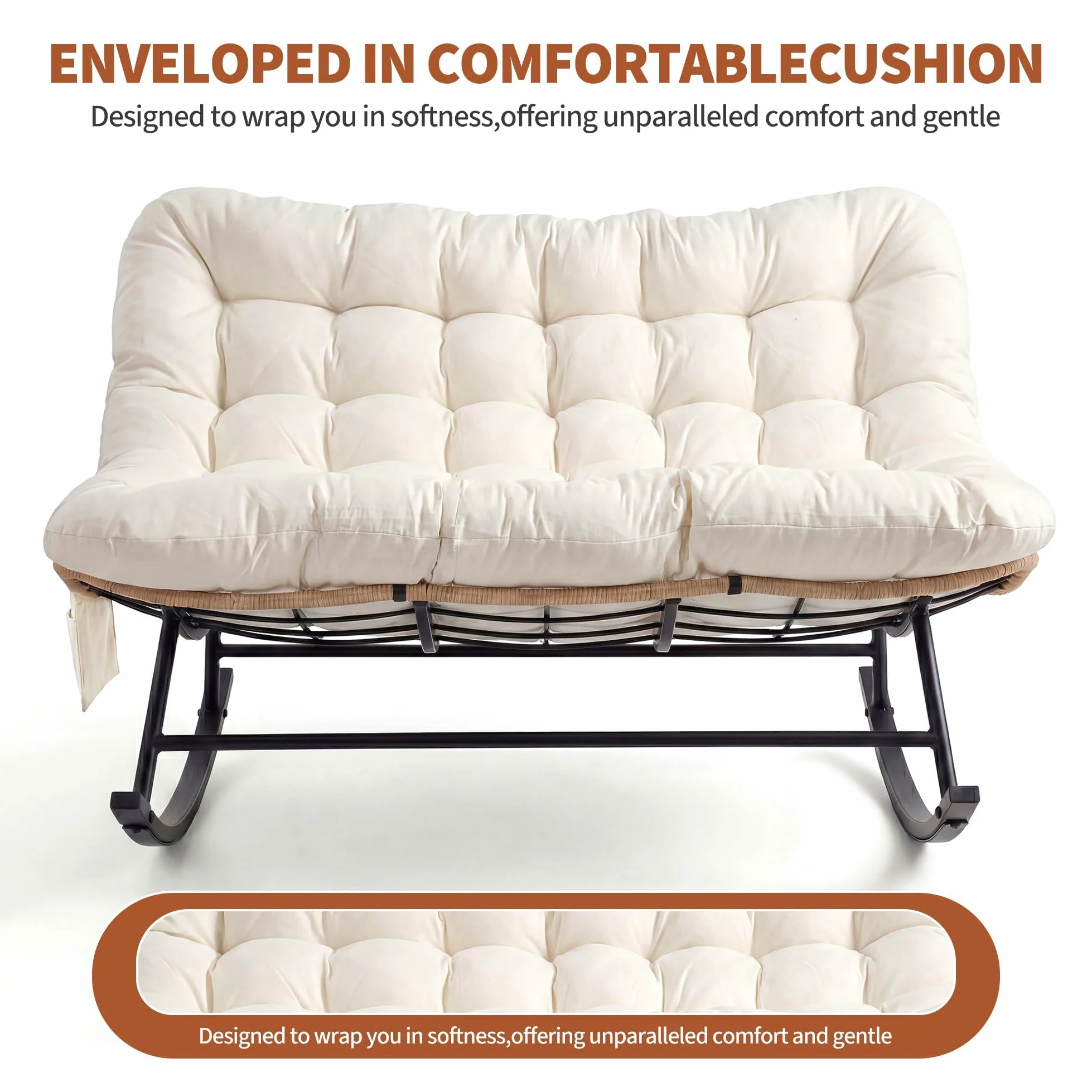Garvee Fauteuil à Bascule Double Robuste 450 lbs – Dossier rembourré – Tissu imperméable – Cadre métal – Idéal Jardin, terrasse, Salon – Mobilier Moderne – Rotin Jaune et Coussins Beige Clair