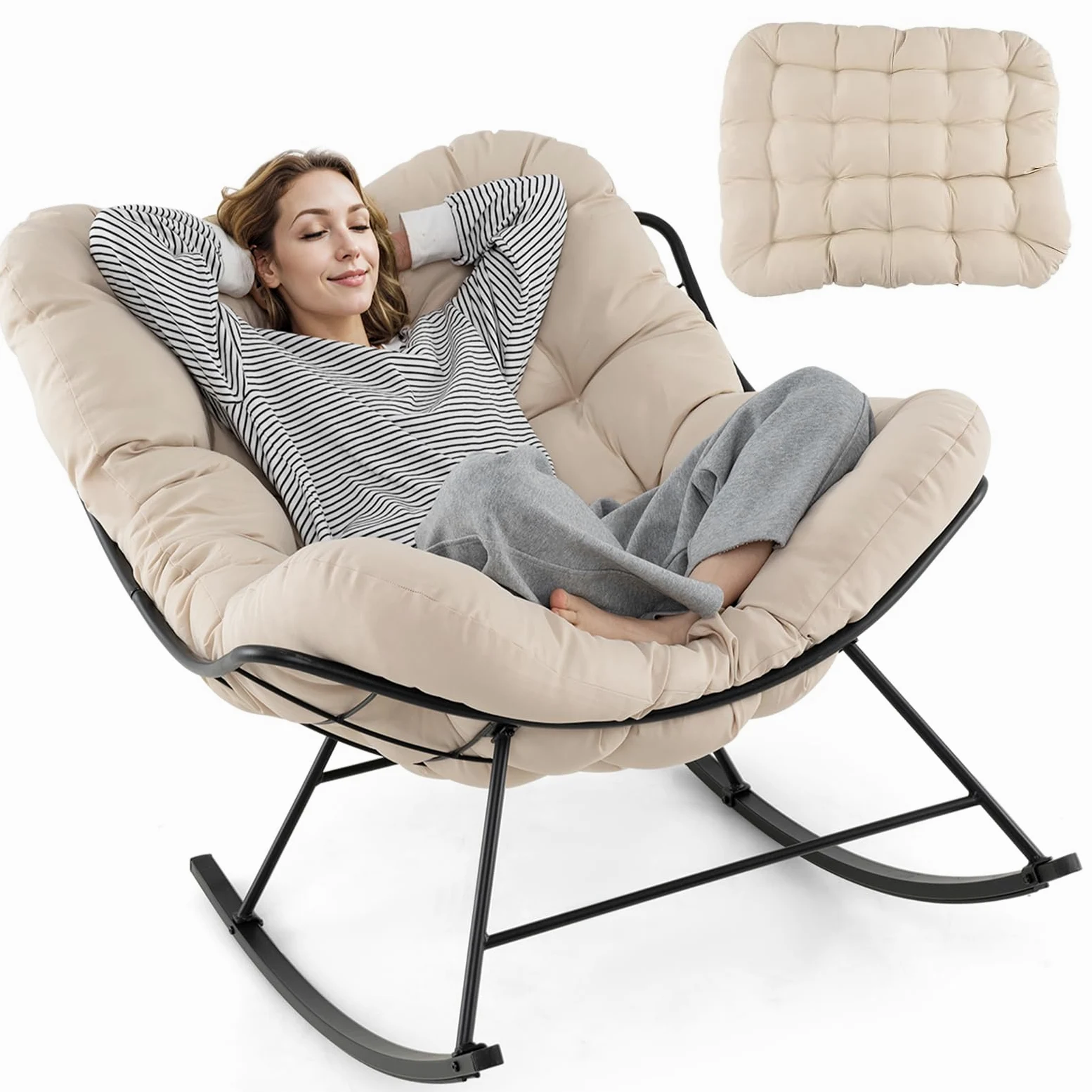 RELAX4LIFE Fauteuil à Bascule de Jardin, Chaise Papasan avec Coussin et Cadre en Métal pour Intérieur et Extérieur, Charge 205KG pour Chambre Salon Porche Jardin Terrasse (Beige)