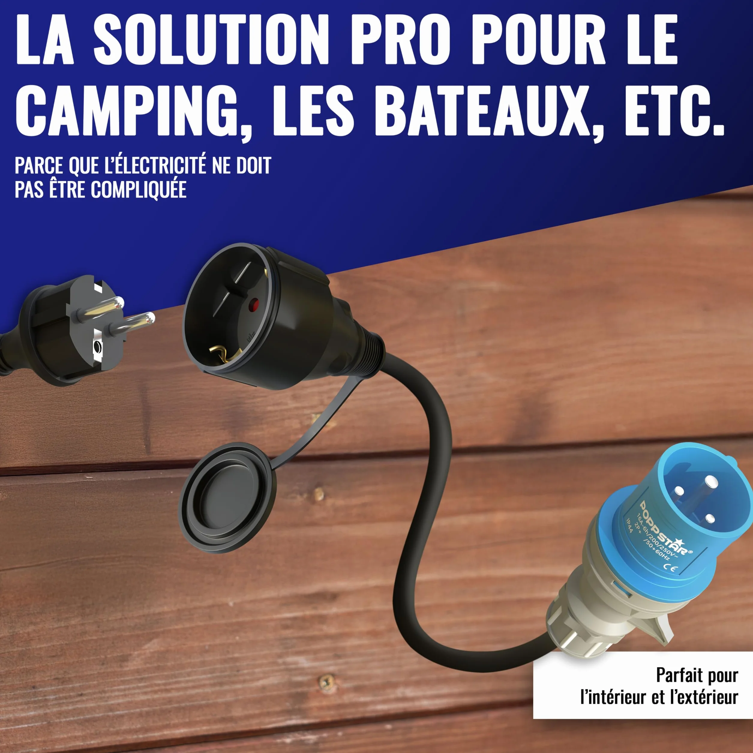 Poppstar Adaptateur CEE 30cm IP44 16A 3 pôles Prise Schuko Femelle Type F H07RN-F 3G2.5