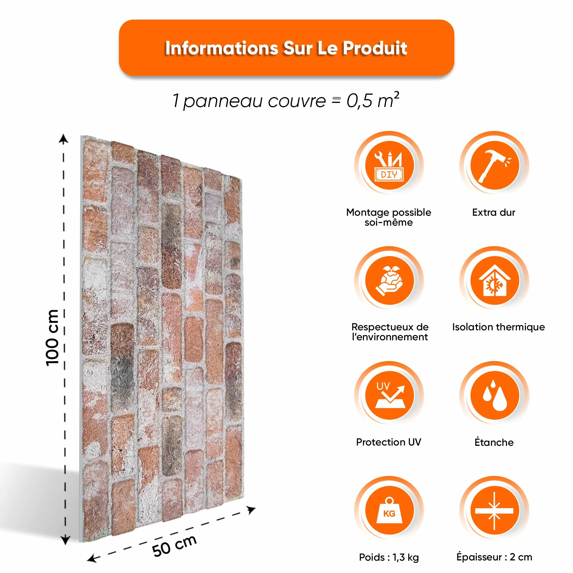 IZODEKOR Revêtement mural aspect pierre 100x50x2 cm panneau mural effet 3D 10 pièces