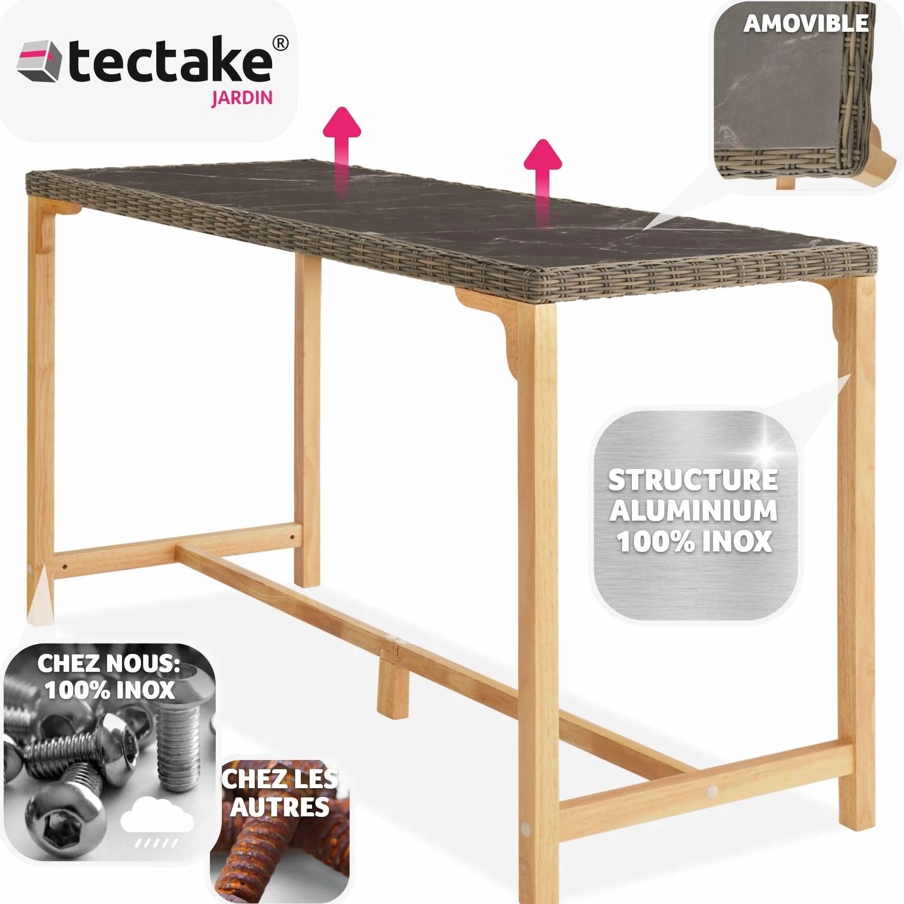 tectake® Table de Bar Haute Extérieur en Résine Tressée & Grès cérame Fin marbré Résistante aux intempéries pour Salon de Jardin, Structure en Aluminium & Bois Massif, Mobilier de Jardin