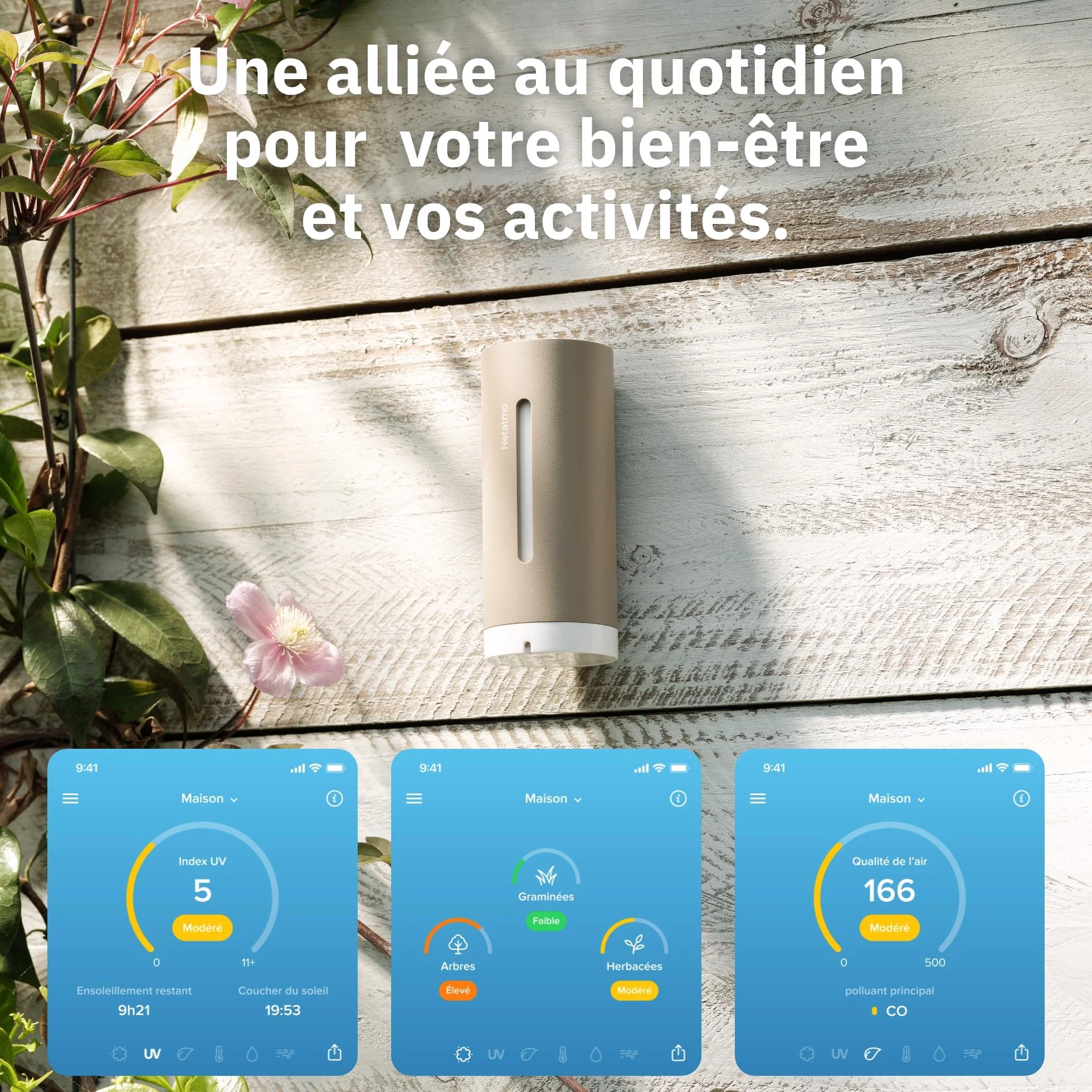 Netatmo Station Météo 2e génération Intérieur Extérieur Température Humidité Qualité de l'air UV Pollens Prévisions Compatible Apple Alexa Google Sable NWS-S-EC