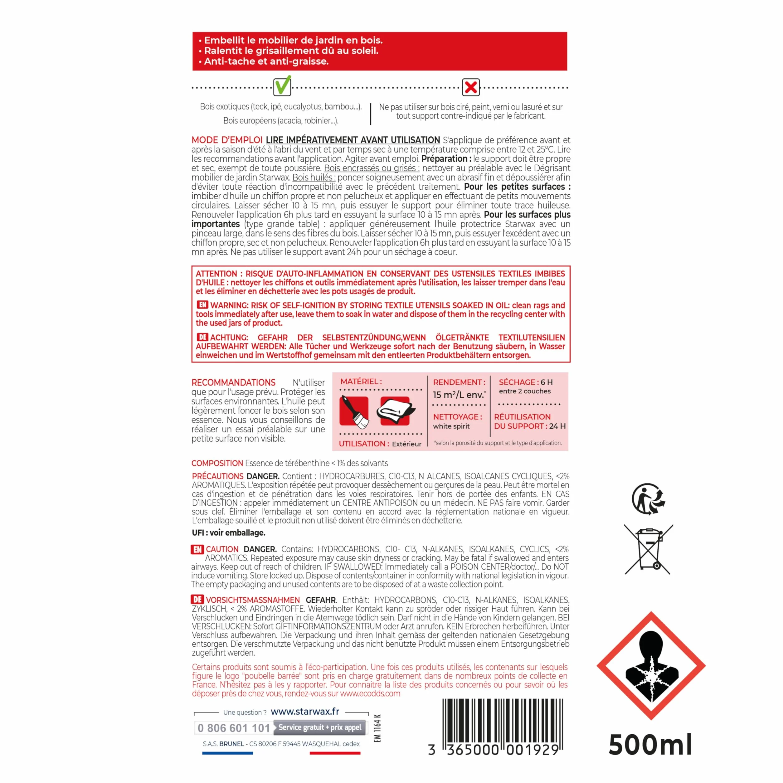 STARWAX Huile Protectrice pour Mobilier de Jardin en Bois 500ml Résiste à l'Eau et aux UV Incolore