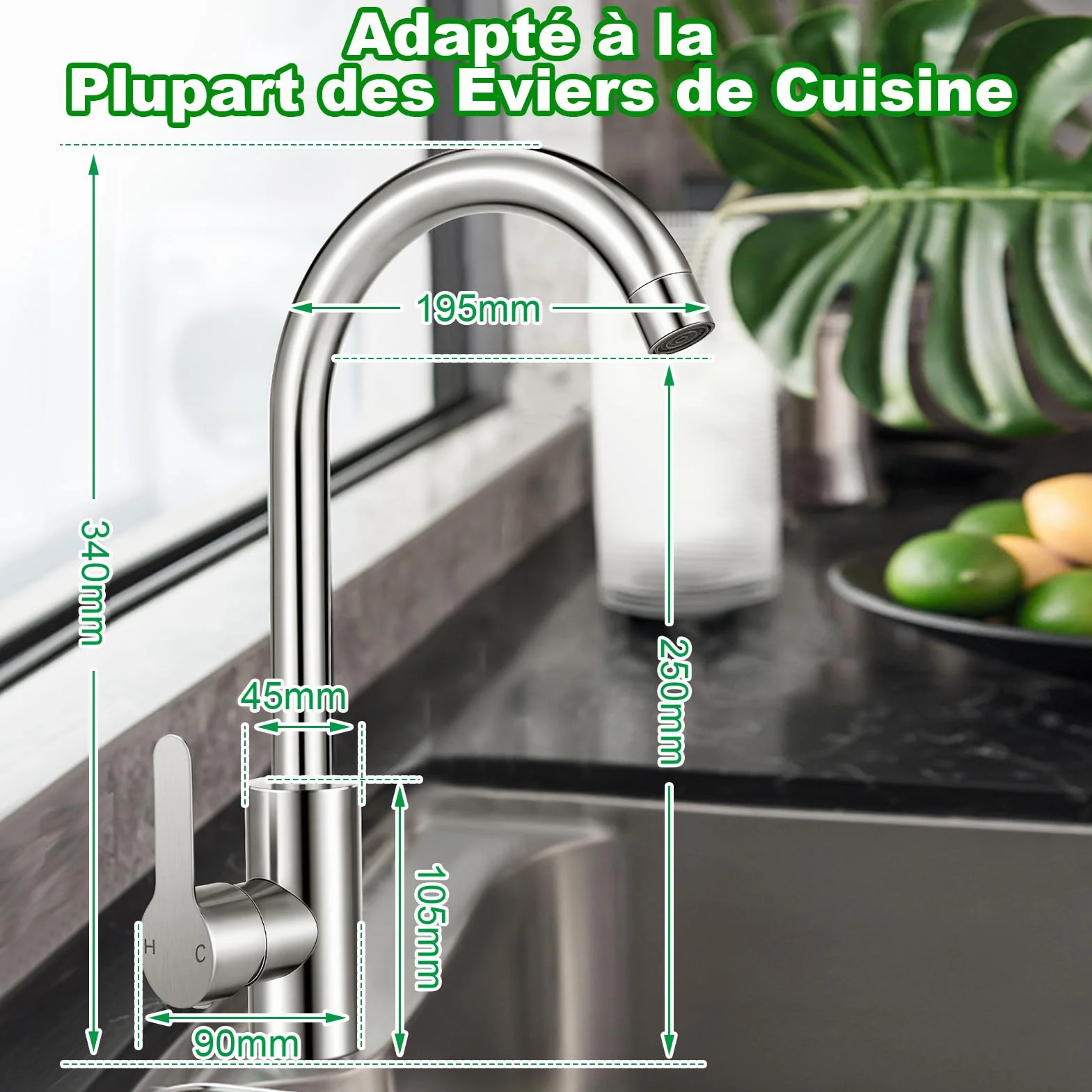 Mitigeur Cuisine Acier Inox Bec Pivotant 360° Monocommande Tuyau Flexible G3/8 x M10