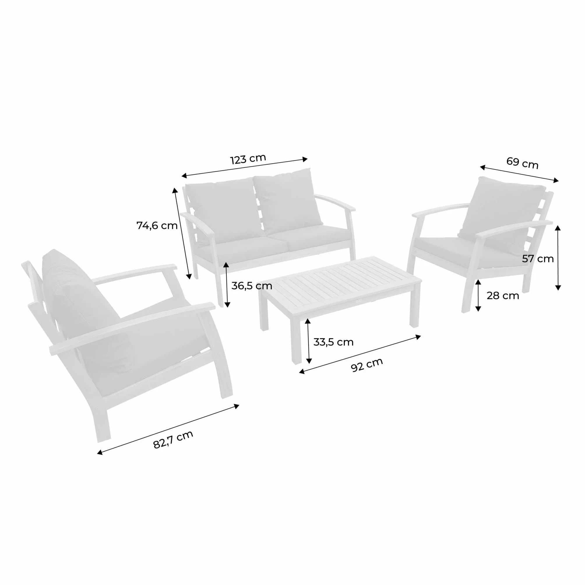 sweeek - Salon de Jardin en Bois 4 Places Coussins Kaki. canapé. fauteuils et Table Basse en Acacia. Design