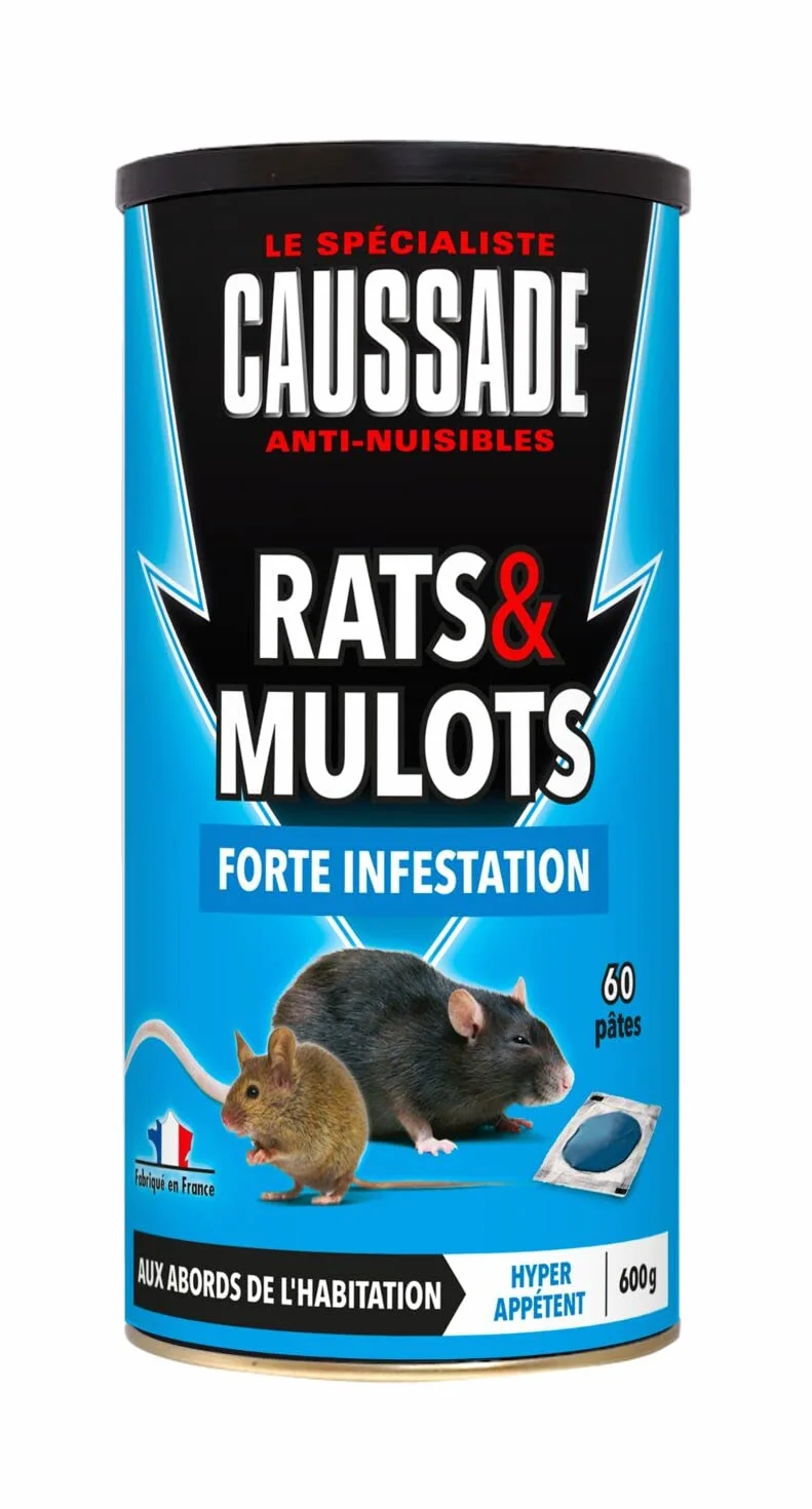 Caussade Anti Rats & Mulots - Efficacité Radicale - Lieux secs & humides - 60 sachets Pâtes - prêt à l'emploi - Une Ingestion Suffit – Fabriqué en France - 600g CARMUPT600