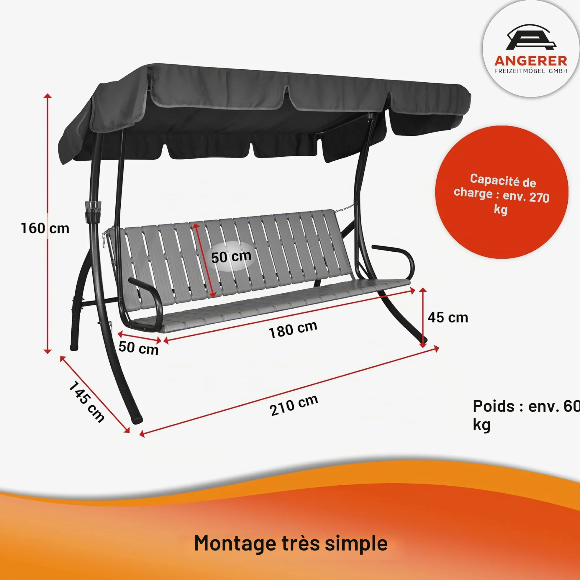 Angerer Balancelle de Jardin Ibiza, 3 Places, Convertible en Lit, Acier Galvanisé, Toit Réglable, 210 x 145 x 160 cm, Capacité 270 kg, Made in Germany (Rayures Vertes)