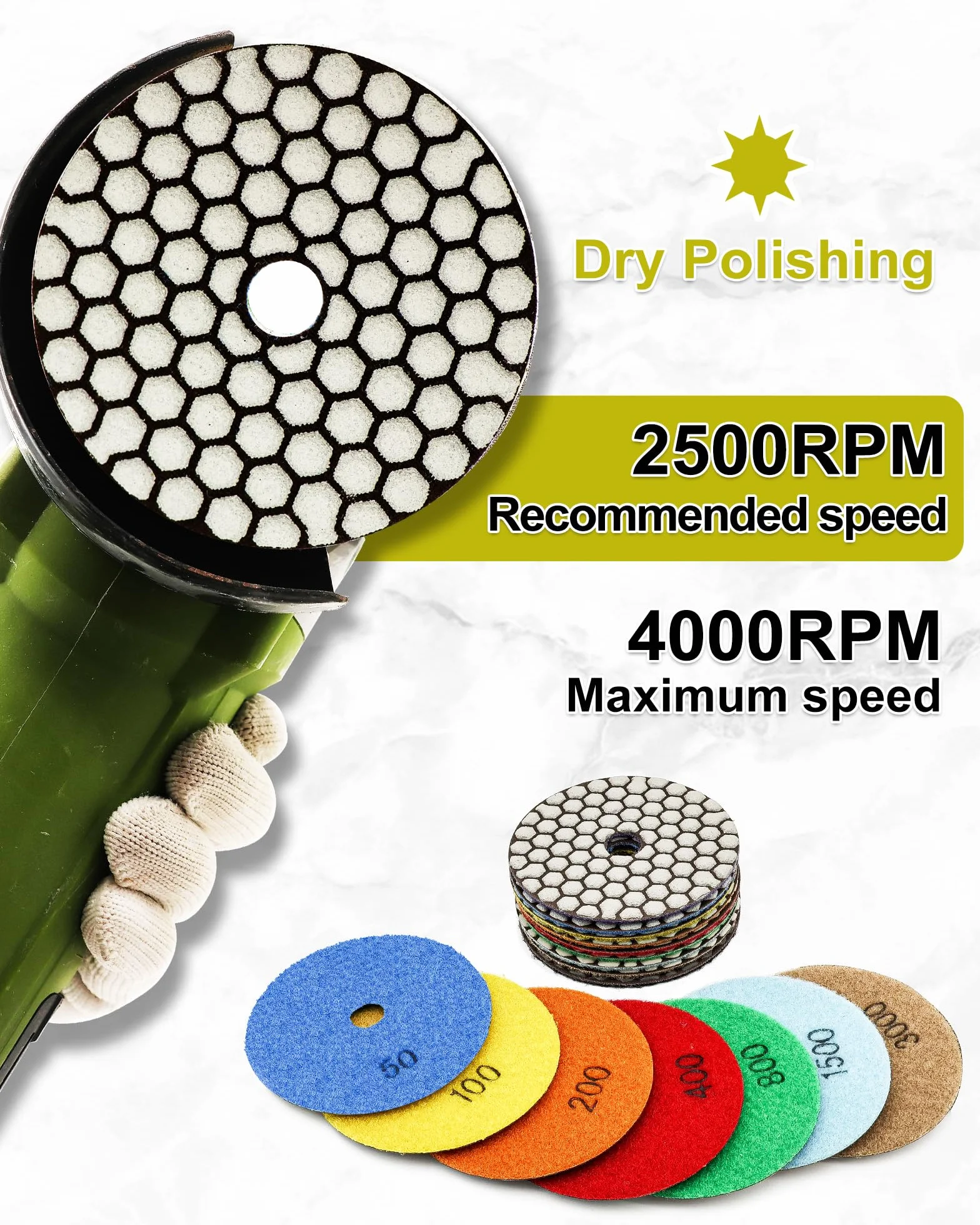 Disque Diamant Polissage 4" 100mm 8 Pièces Grain 50 100 200 400 800 M14 Support Pads pour Granit Marbre Pierre Meuleuse D'angle
