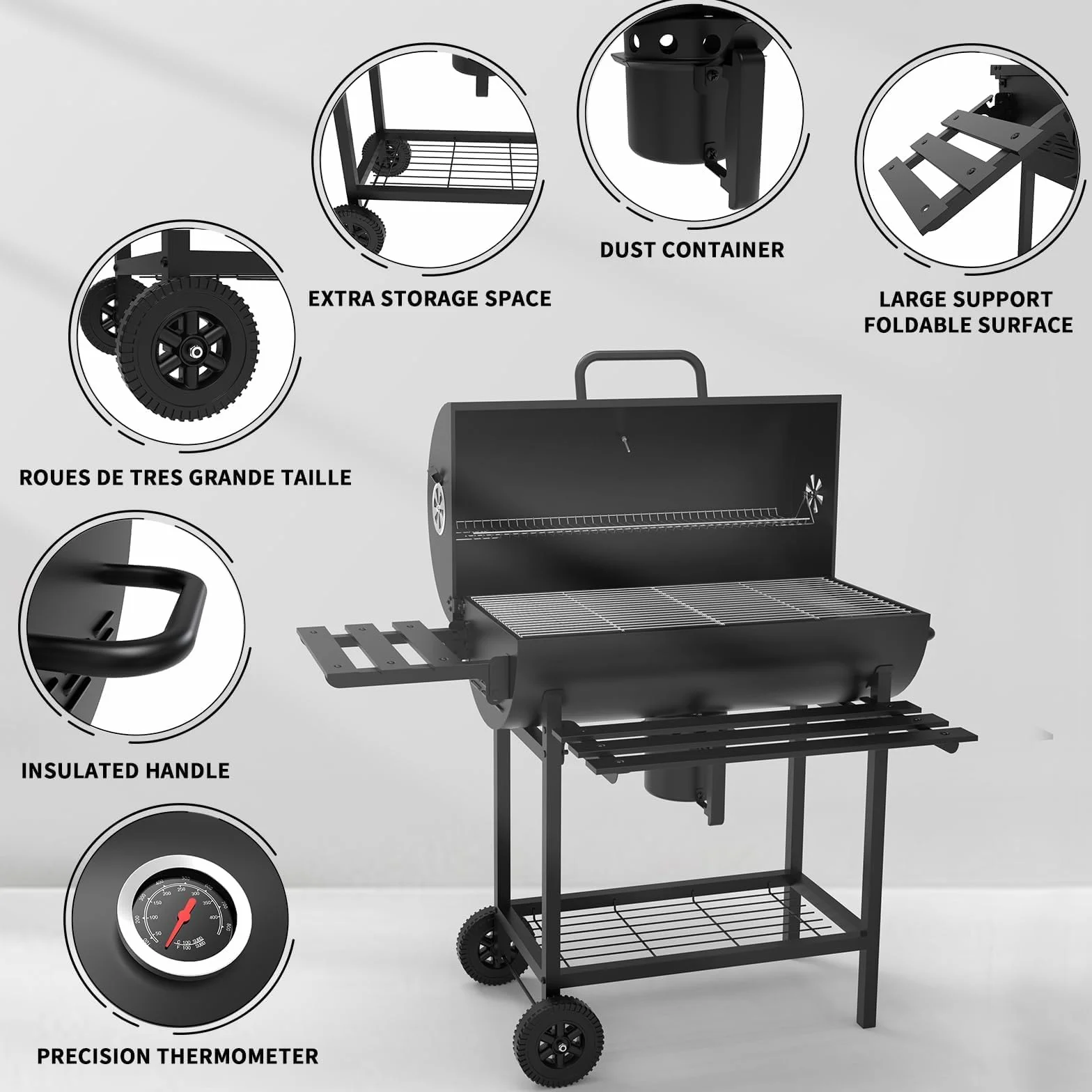 TEENO Chariot à Barbecue de Bois,Grill XXL à Charbon avec Couvercle, Thermomètre,Tiroir à Cendres,Comprend une housse en tissu imperméable et anti-poussière, Évent Réglable