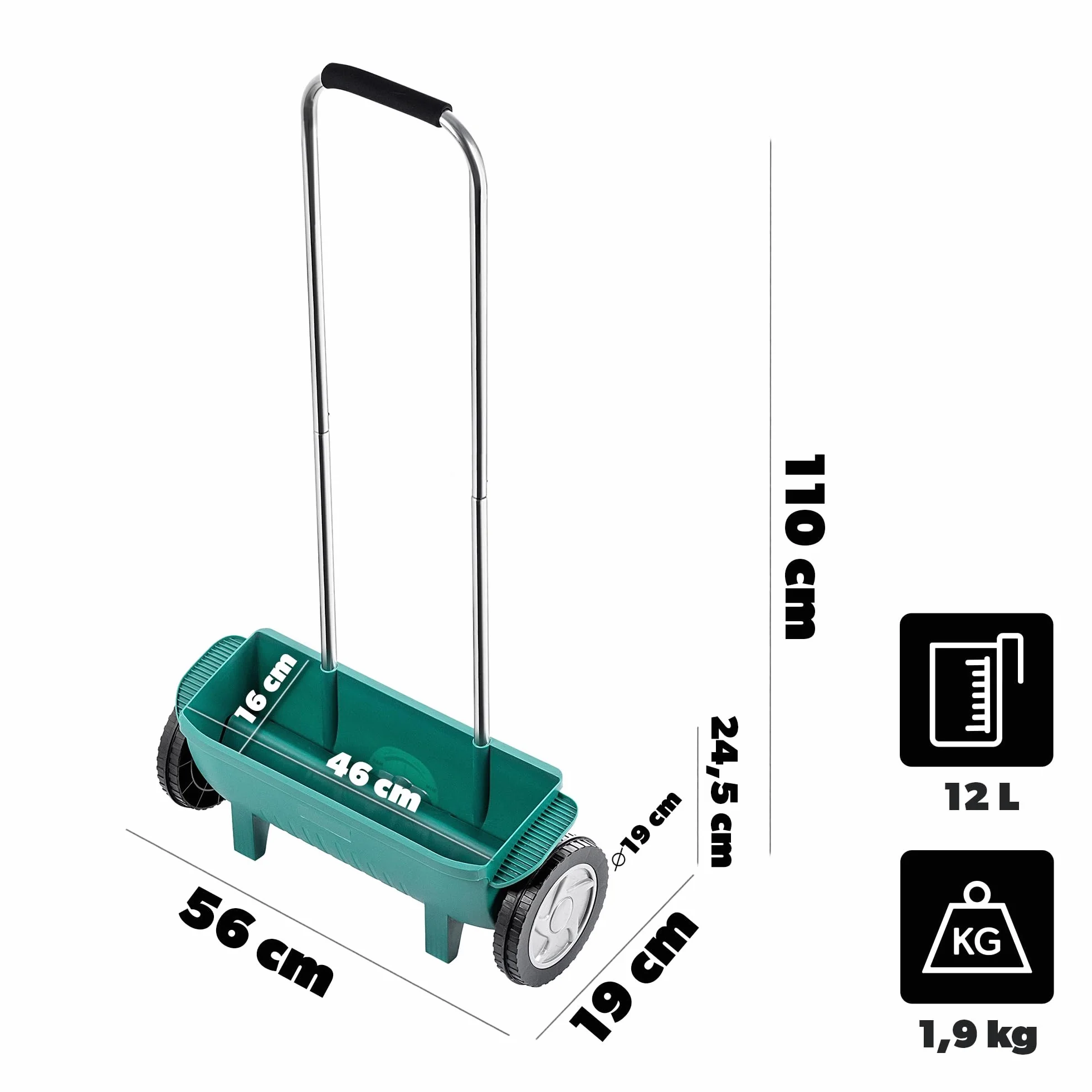 KADAX Épandeur de 12 l, épandeur d'engrais avec roues, pour gazon, graines, calcaire et sel