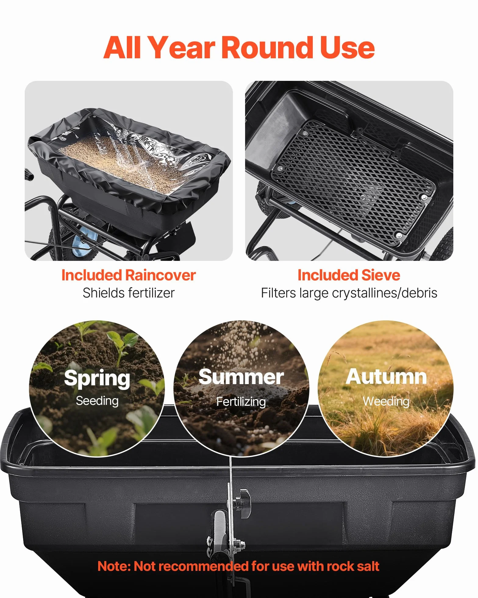 VEVOR Épandeur Engrais Tracté Capacité 59 kg Épandeur à Semence à Remorquer Largeur Épandage 0-3 m Semoir à Pousser pour Graines, Sel Déneigement, Semer Jardinage, Pelouse, Gazon, avec Roues 33 cm