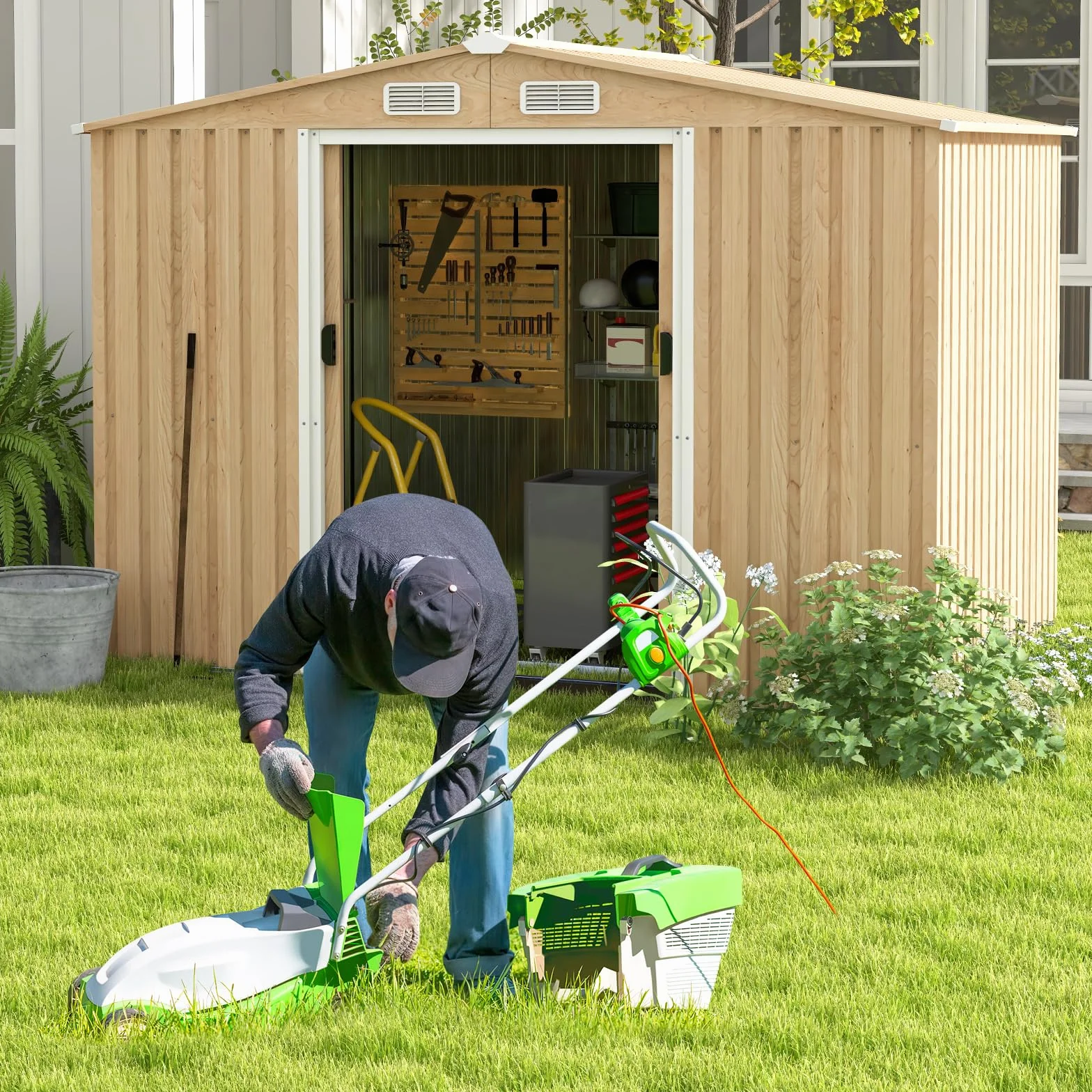 COSTWAY Abri de Jardin 5㎡ Acier Galvanisé Anti-UV 259x196x184 cm Cabane Exterieur 7m³ Porte Coulissante
