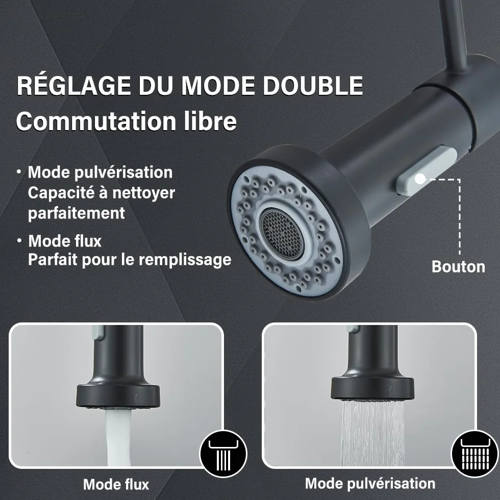 Robinet Cuisine Noir Pivotant 360° Mitigeur 2 Modes Pulvérisation Évier Arc Élevé Laiton