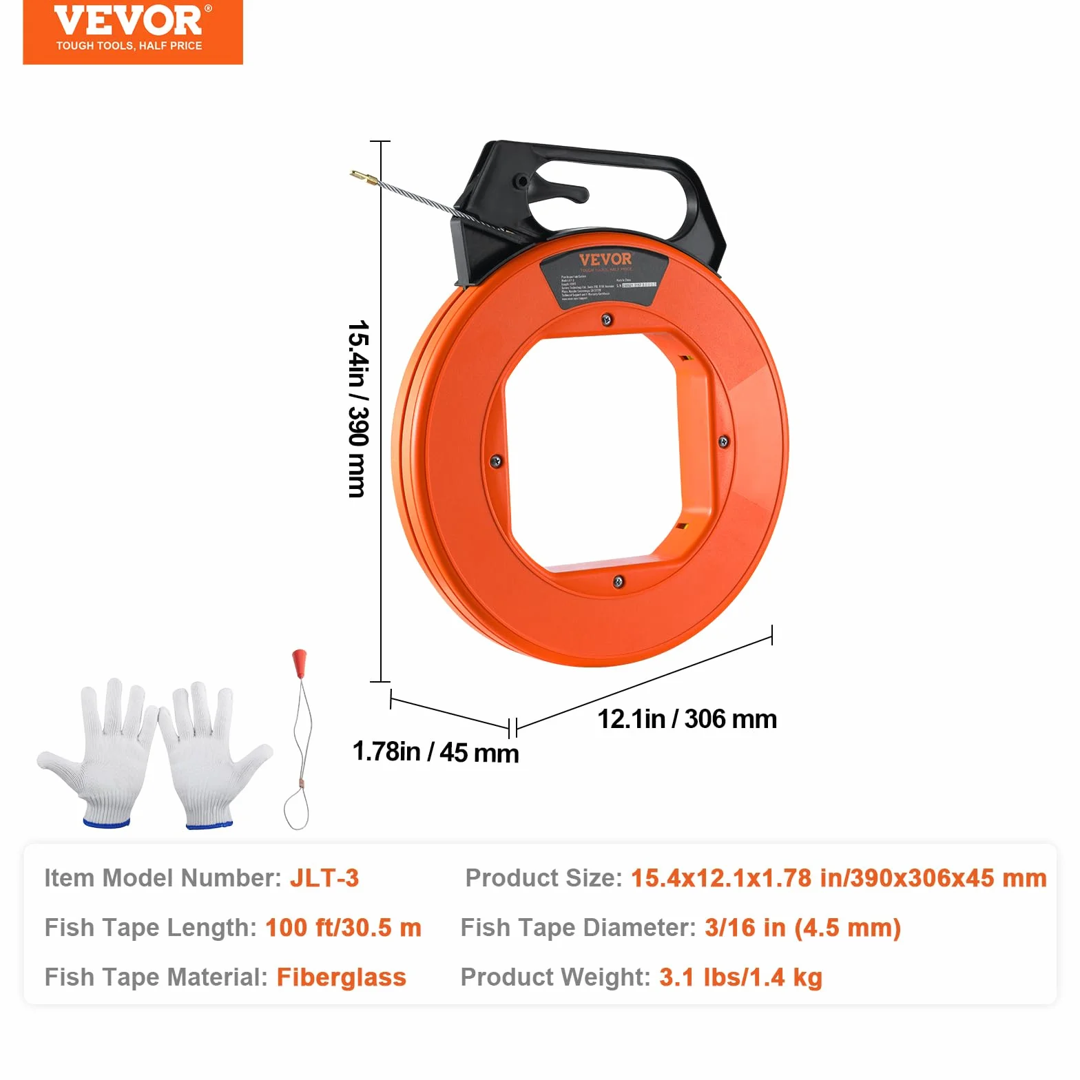 VEVOR Aiguille Électricien 30,5 m Tire Fils Fibre de Verre Extracteur Câble Flexible 4,5 mm avec Boîtier Poignée