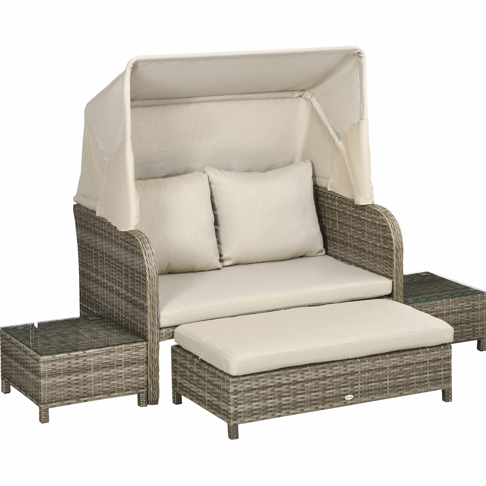 Outsunny Ensemble Salon de Jardin 4 pièces canapé 2 Places + 1 Repose-Pieds + 2 Table Basse avec Coussins - métal galvanisé et résine Aspect rotin - Beige Marron