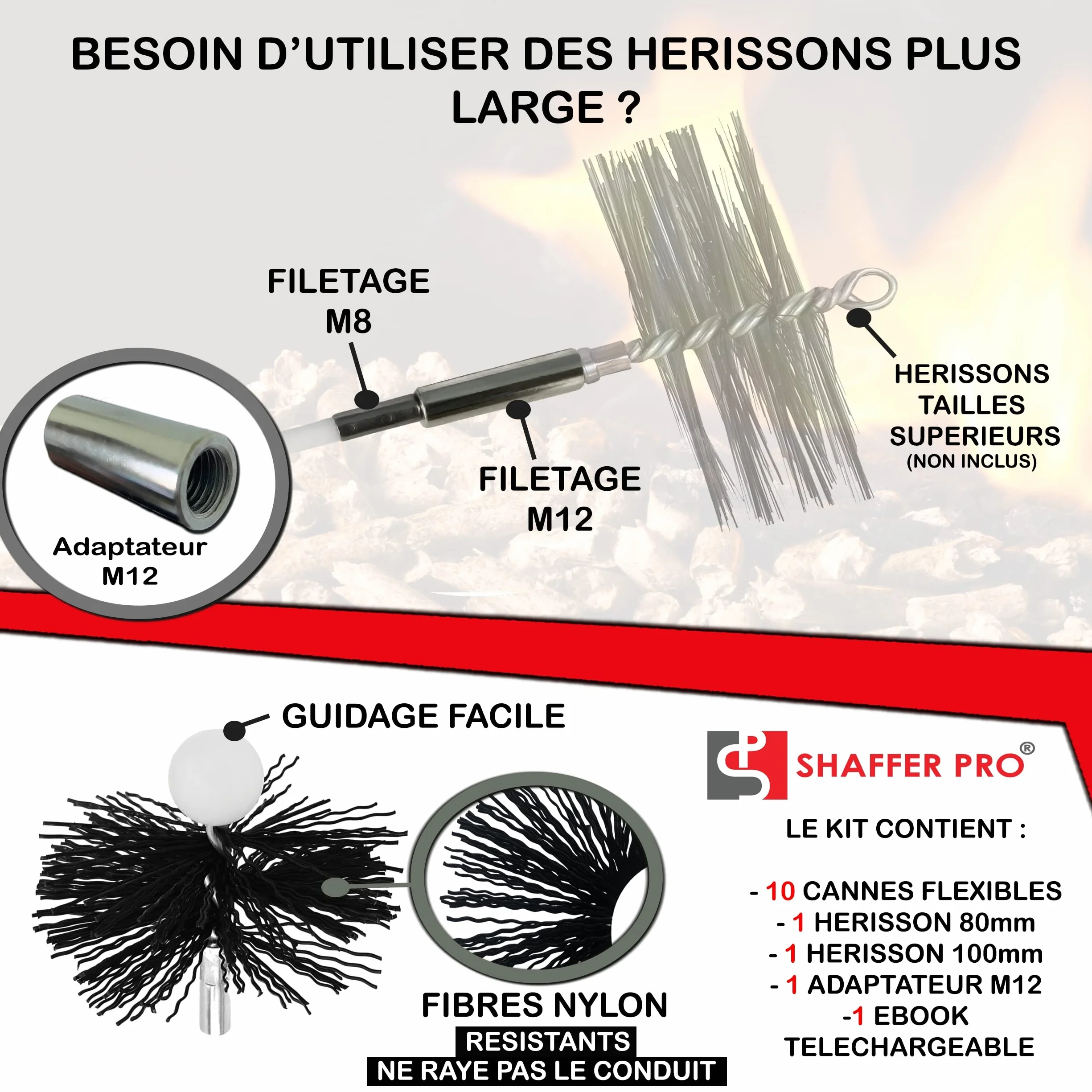 Kit de ramonage pour poêle à granulés 6 mètres | Hérisson 80/100 mm | 10 tiges flexible