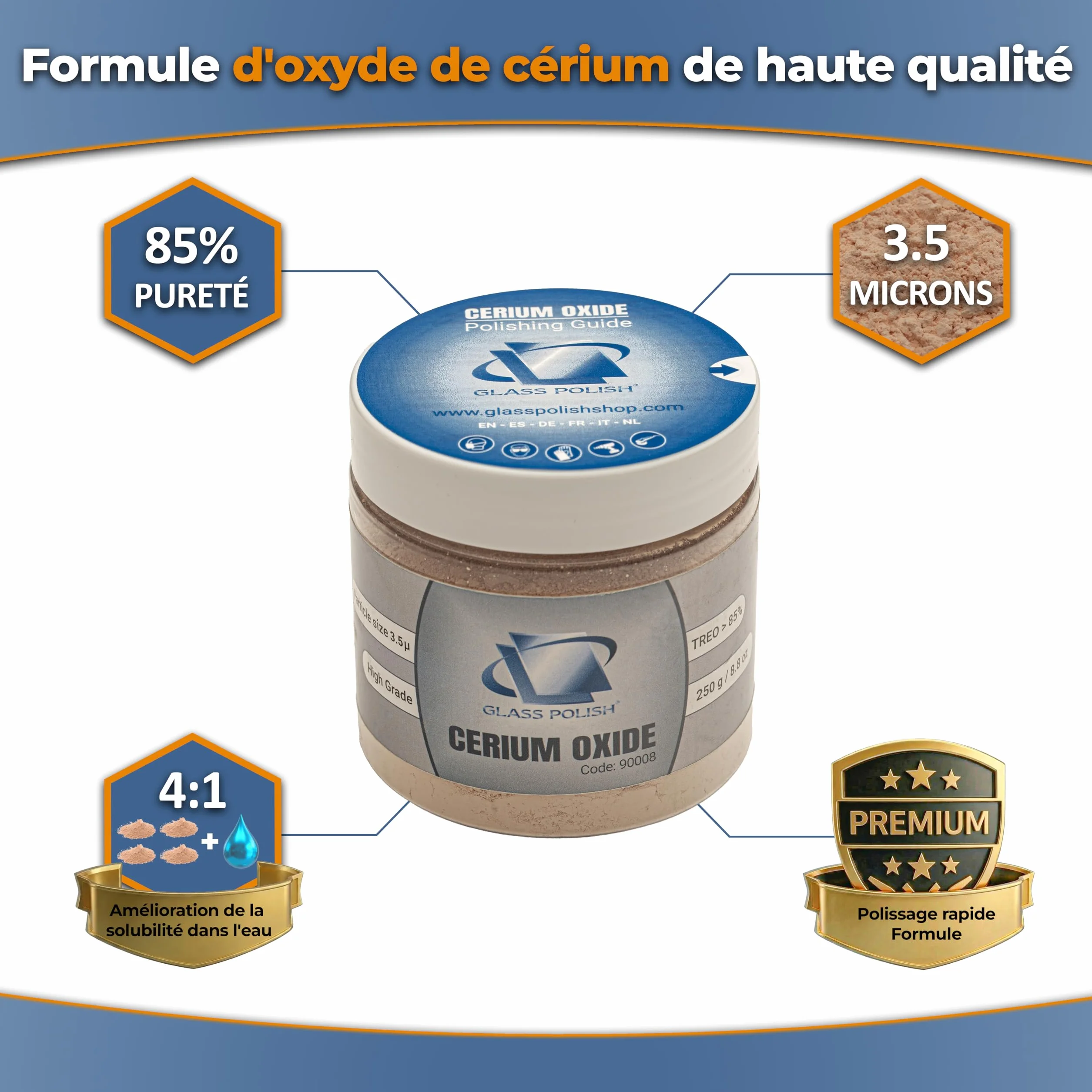 GLASS POLISH 250 g Cerium Oxide 85% Pur 3,5 Microns Composé de Polissage de Verre