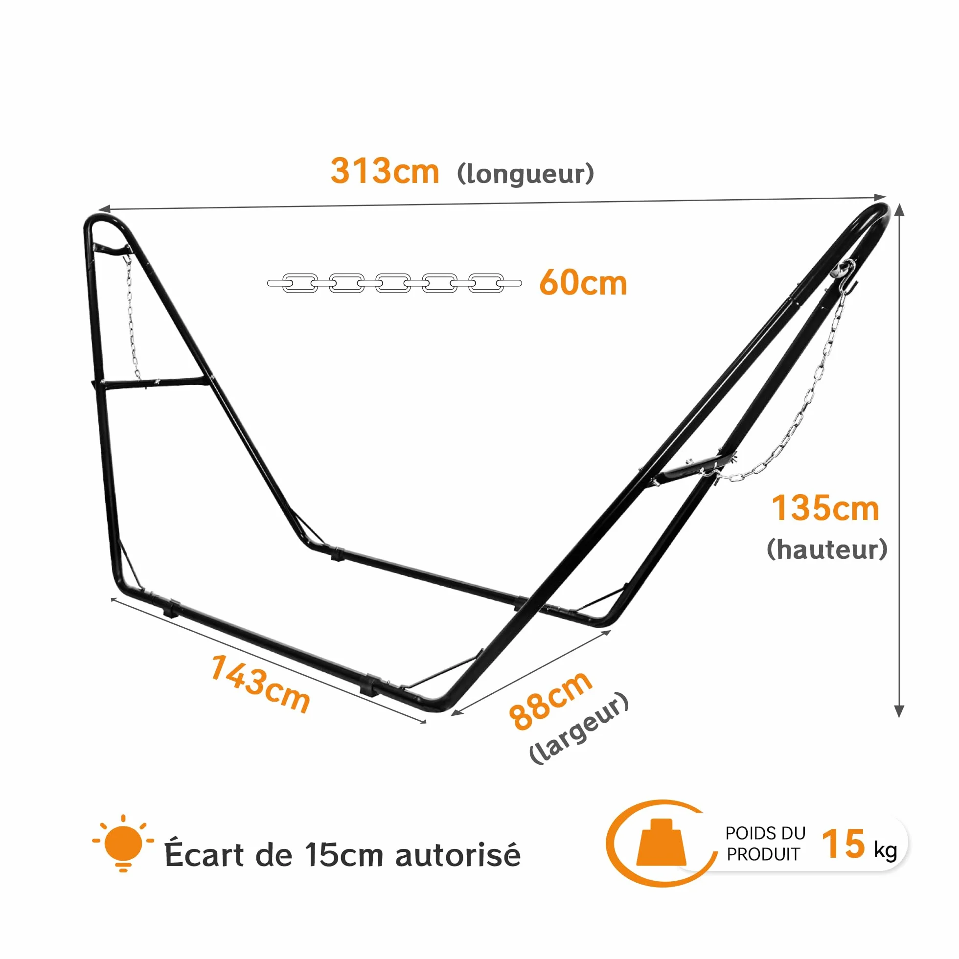 Support universel pour hamac 2 personnes 250 kg acier extérieur 2,9-4,3 m