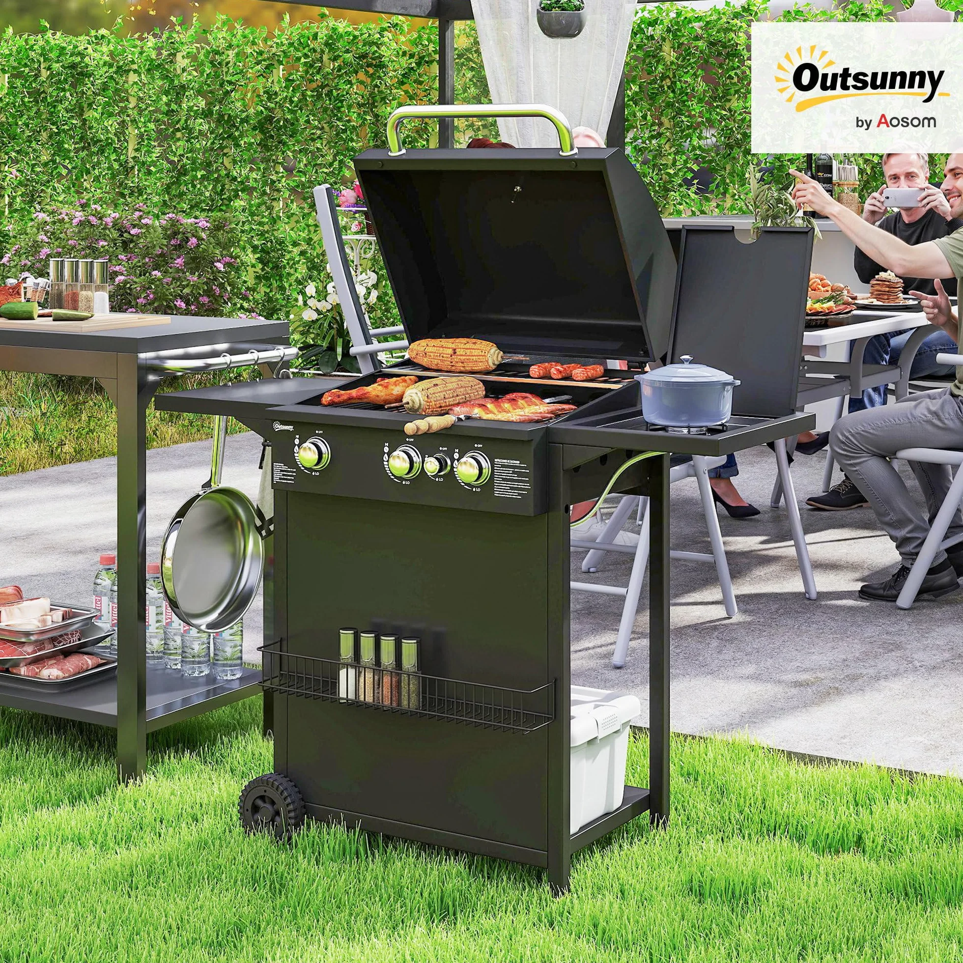 Outsunny Barbecue gaz 3+1 brûleurs en acier, puissance 9,5 kW, barbecue de jardin 2 grilles en chromé, étagères latérales, 2 roues, thermomètre, couvercle, pour camping et terrasse, noir