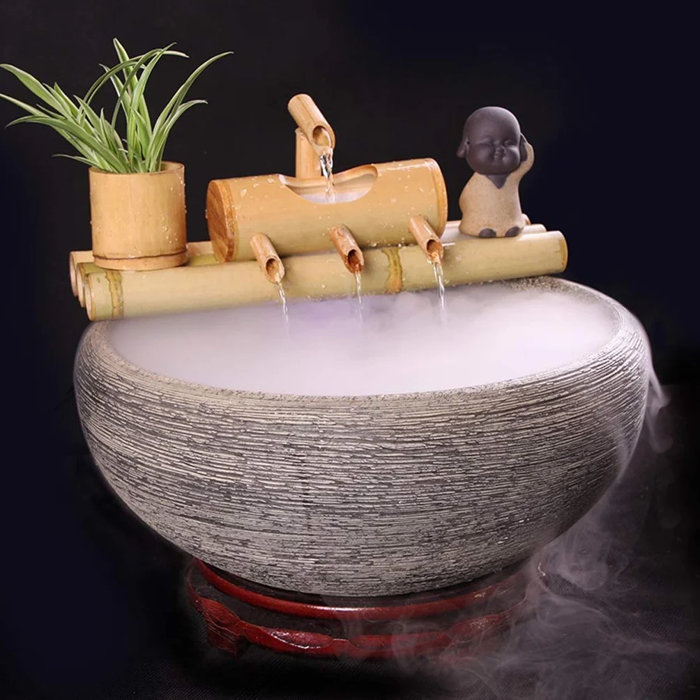 Fontaine d'eau Bambou Zen avec Pompe 7,8 Pouces Base Ronde, Intérieur Extérieur