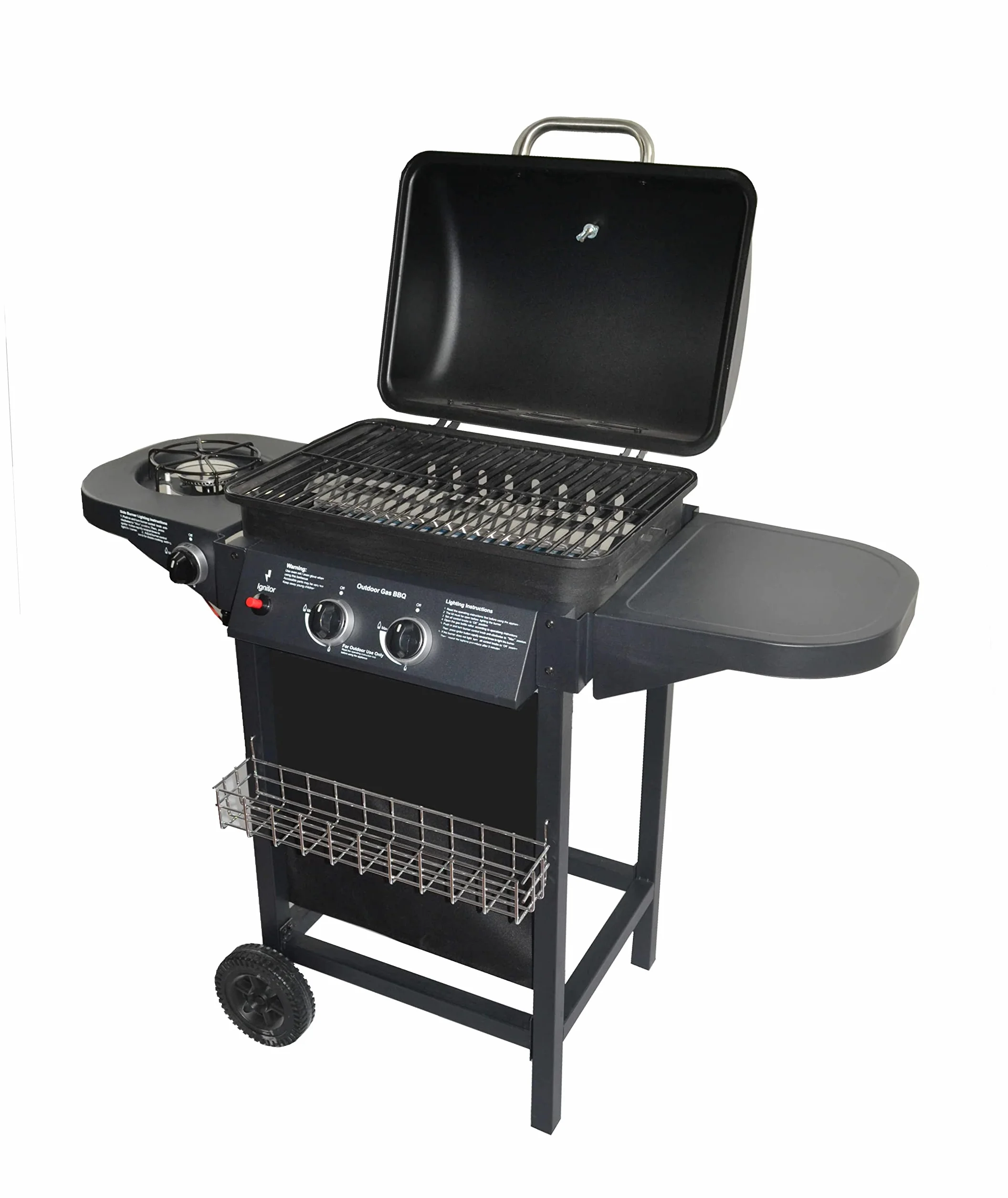 Barbecue à gaz avec 2 brûleurs à gaz compacts, brûleurs latéraux, grilles de barbecue, tables latérales et voiture en acier, 8,7 kW