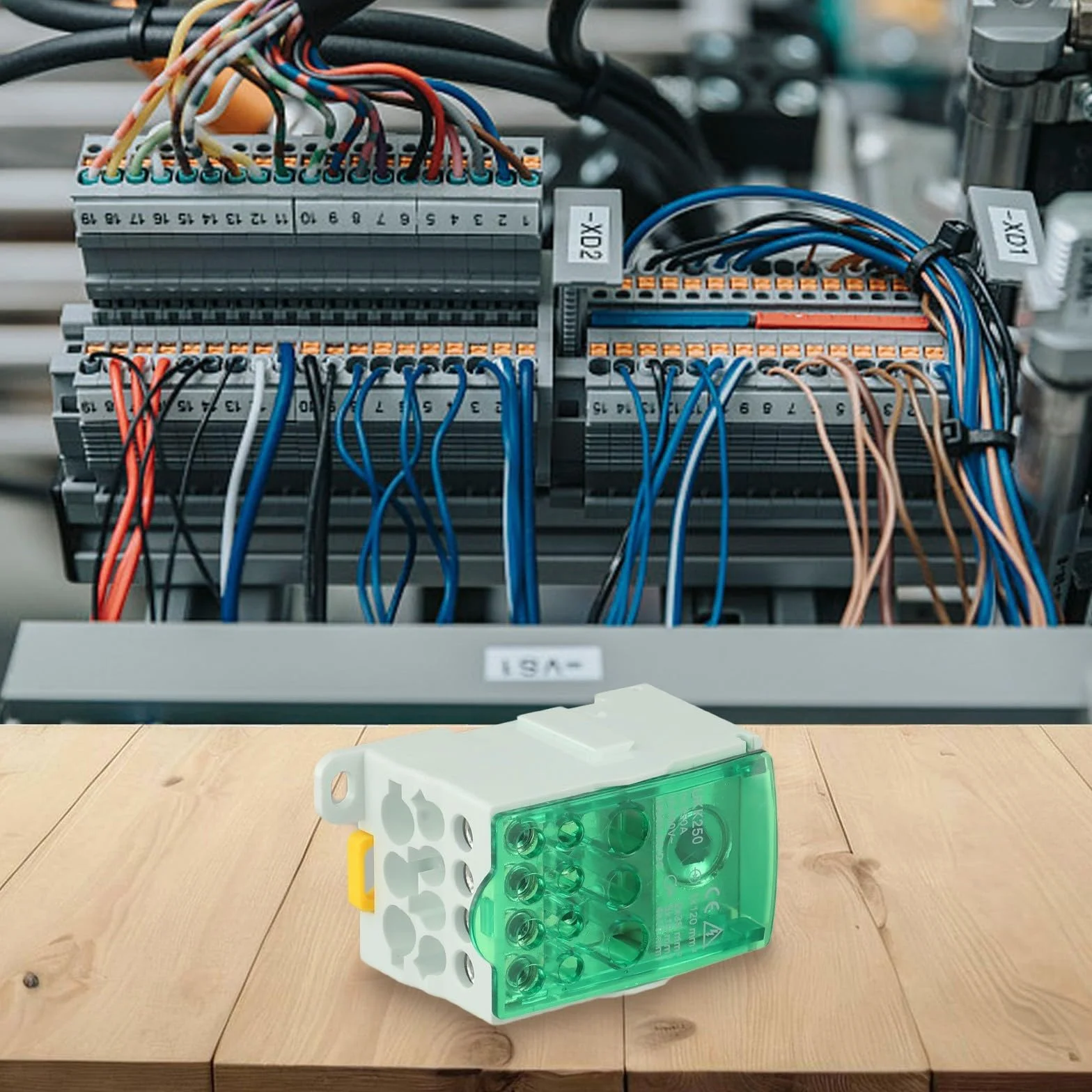 Yhenlovtt Boîte de jonction bornier rail DIN 80 A - 500 A Connecteur distribution alimentation unipolaire vert PC ignifuge laiton étamé 250 A