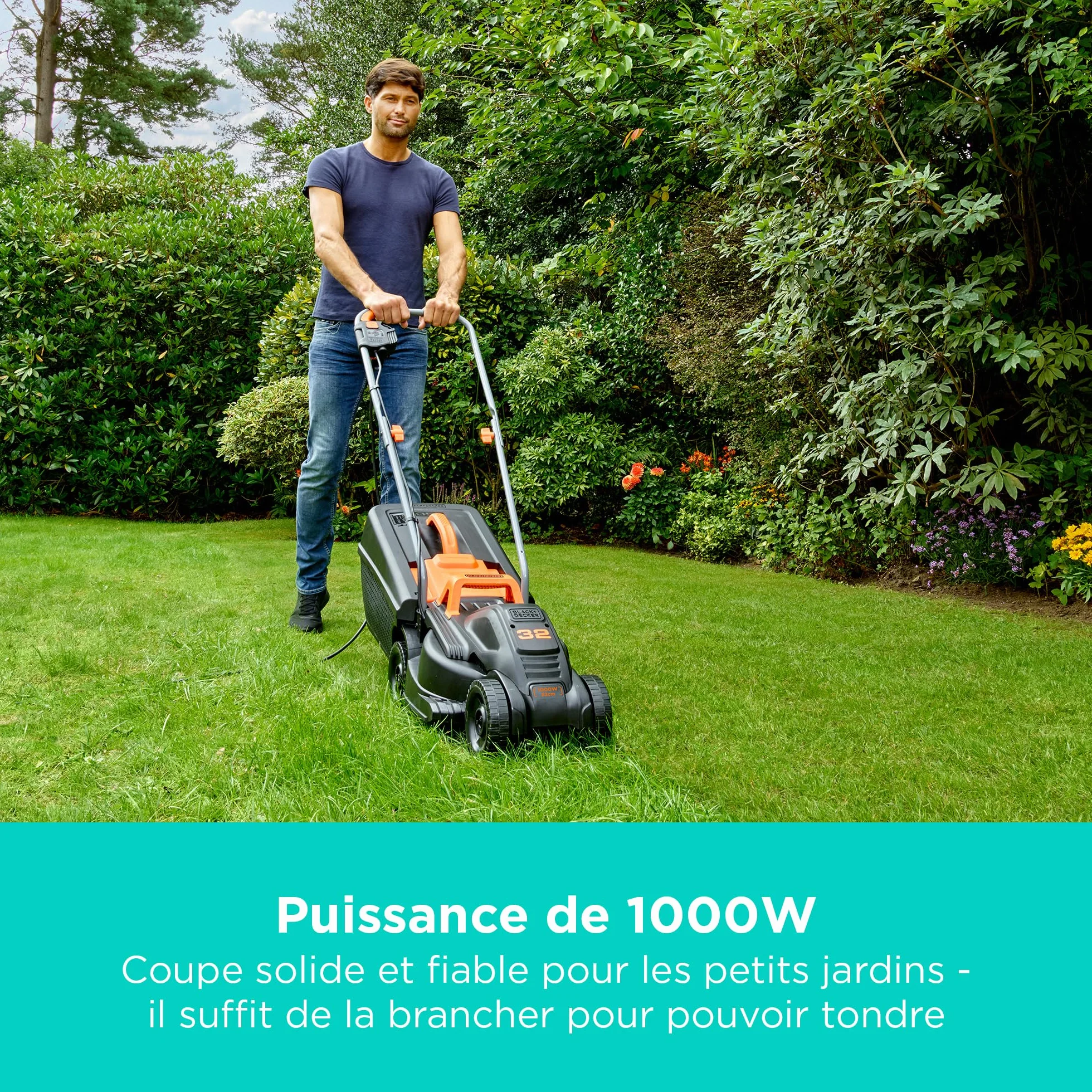 BLACK+DECKER Tondeuse à Gazon électrique 1000 W 32 cm 3 hauteurs réglables 30 L BEMW351-QS