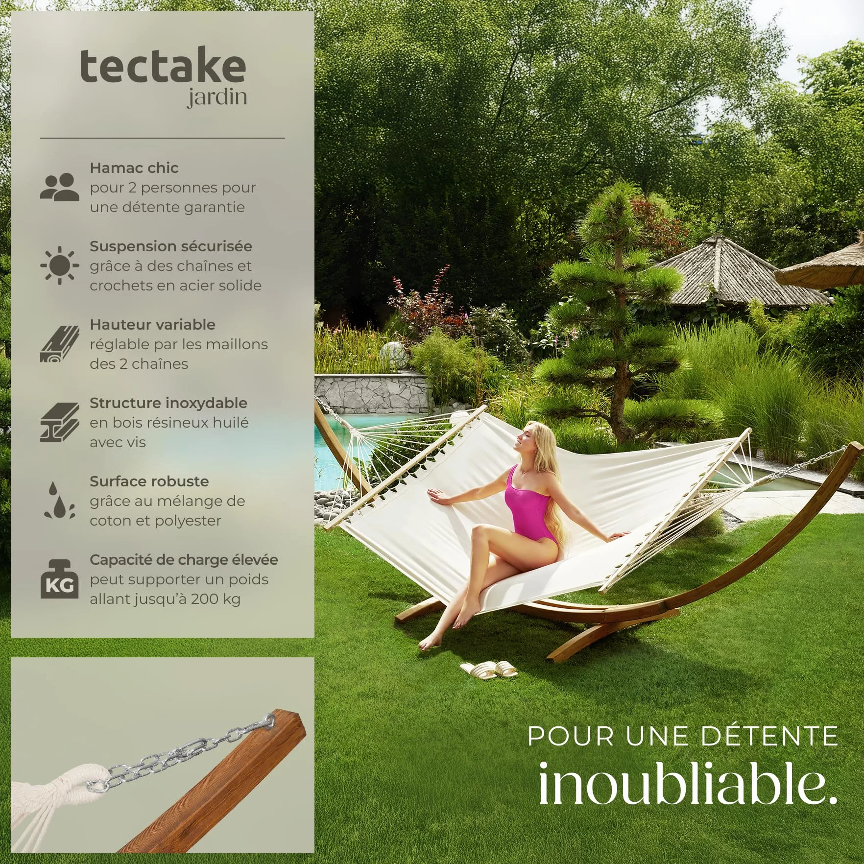 Hamac sur Pied XXL 2 Places Coton avec Support en Bois 415x150x124cm 200kg Couchage 205x150cm Ajustable pour Terrasse