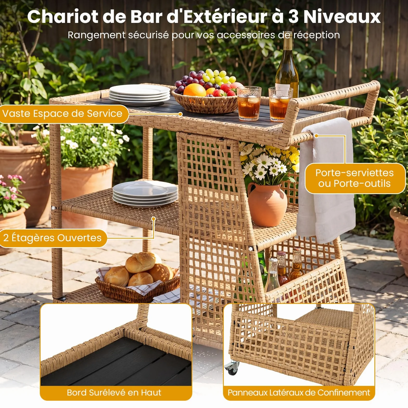COSTWAY Desserte Exterieur en Rotin PE 3 Niveaux, Chariot de Bar Jardin à roulettes avec Plateau Large