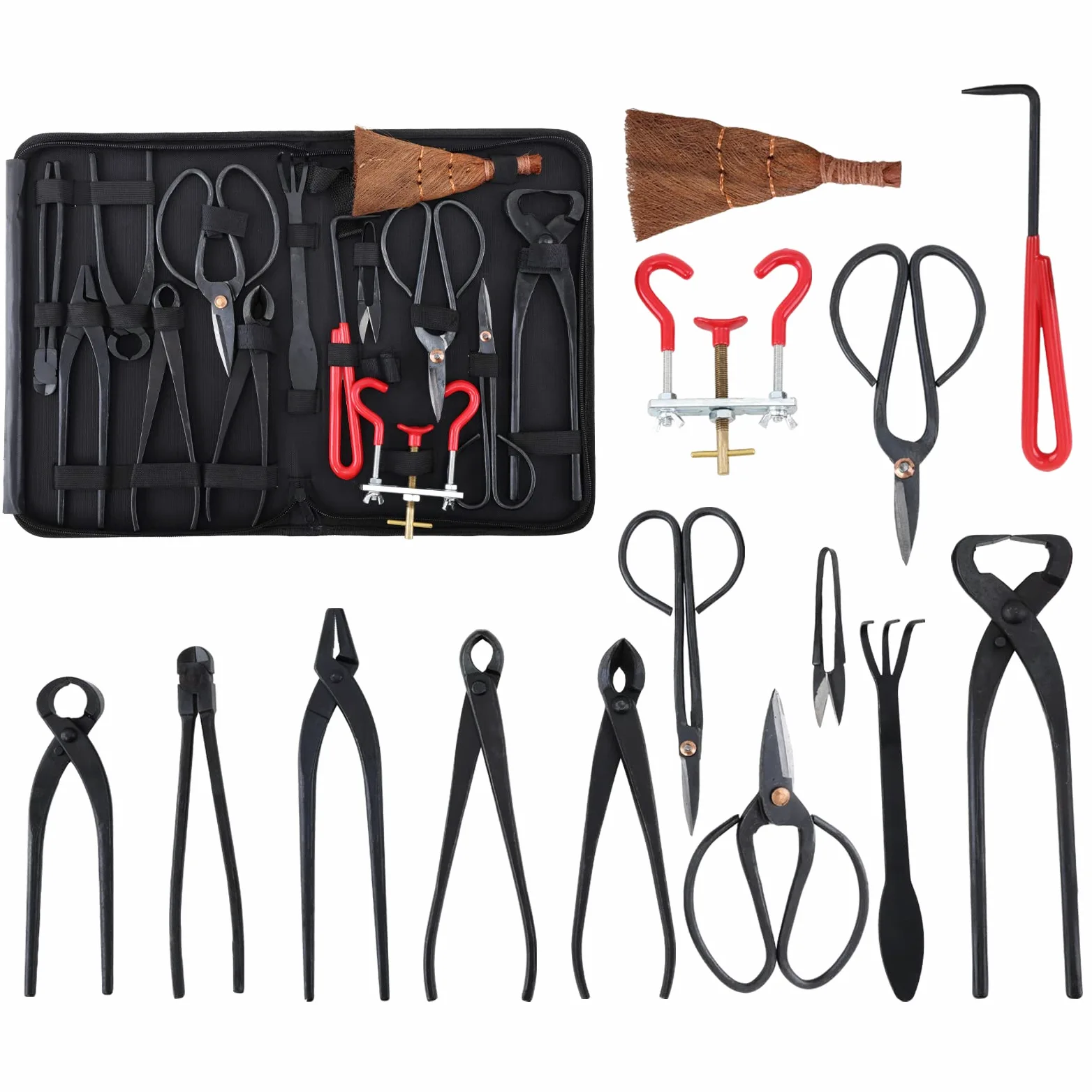 14 Pièces Ensemble d'Outils de Jardinage, avec Coupe Ciseaux en Acier Au Carbone, Coupe-Bordures Concave, Coupe-Bordures, Pince à bonsaï, Cadeaux de kit Jardinage pour Homme et Femme