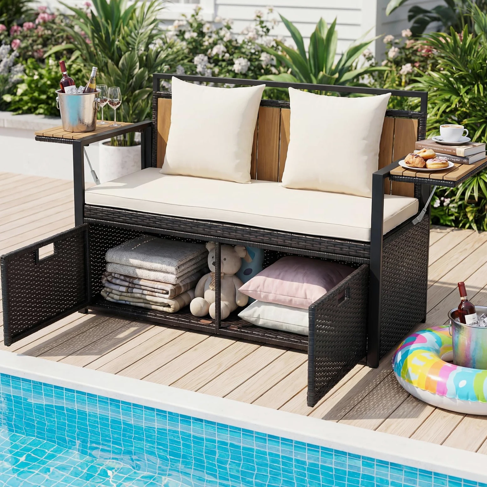 COSTWAY 2 en 1 Banc Coffre Extérieur en Rotin PE, Banc de Jardin 2 Places avec Coussins, Coffre de Rangement 142,5 L, 2 Tables d'Appoint Pliables, Charge 360 kg, pour Terrasse Jardin Balcon (Blanc)