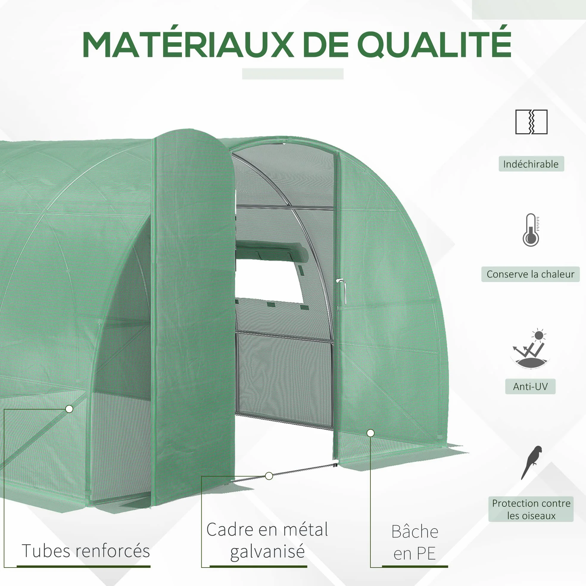 Outsunny Serre de Jardin Tunnel 12 m² 4L x 3l x 2H m Acier galvanisé renforcé + PE Haute densité fenêtres Porte Vert