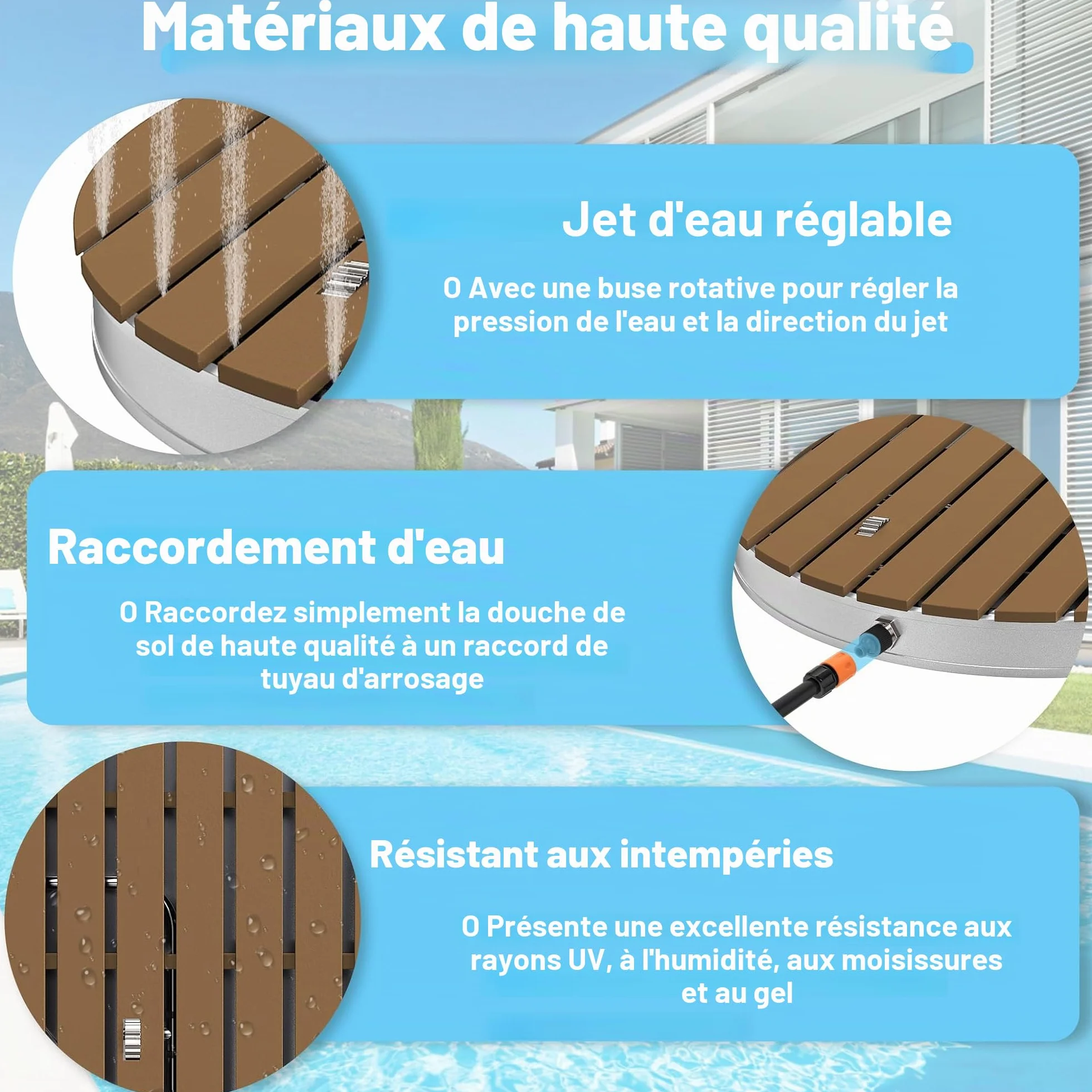 UISEBRT Douche de jardin extérieure WPC aluminium solaire mobile camping hauteur réglable 4m piscine terrasse
